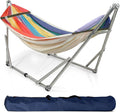 Tranquillo Double Hammock with Stand 550lb Capacity Double Hammock with Spreader Bar, Solid Grade 201 Stainless Steel 30s Set Up, Sturdy Flexible Hammock Stand Portable, Outdoor Indoor, Rainbow