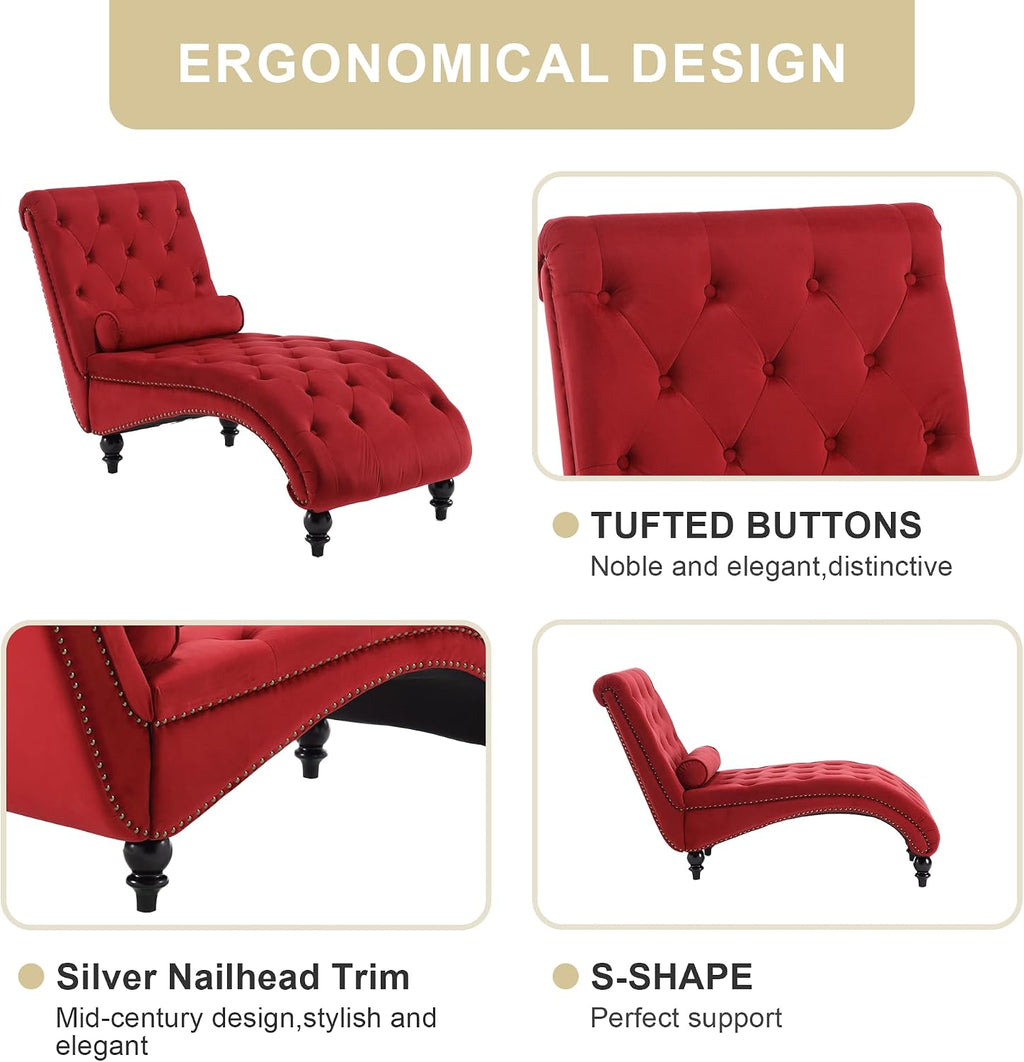 Velvet Chaise Lounge Indoor, Button-Tufted Upholstered Chaise Lounge Chair with Pillow for Bedroom Living Room Office Modern Backrest Leisure Recliner Sleep Sofa (Red)