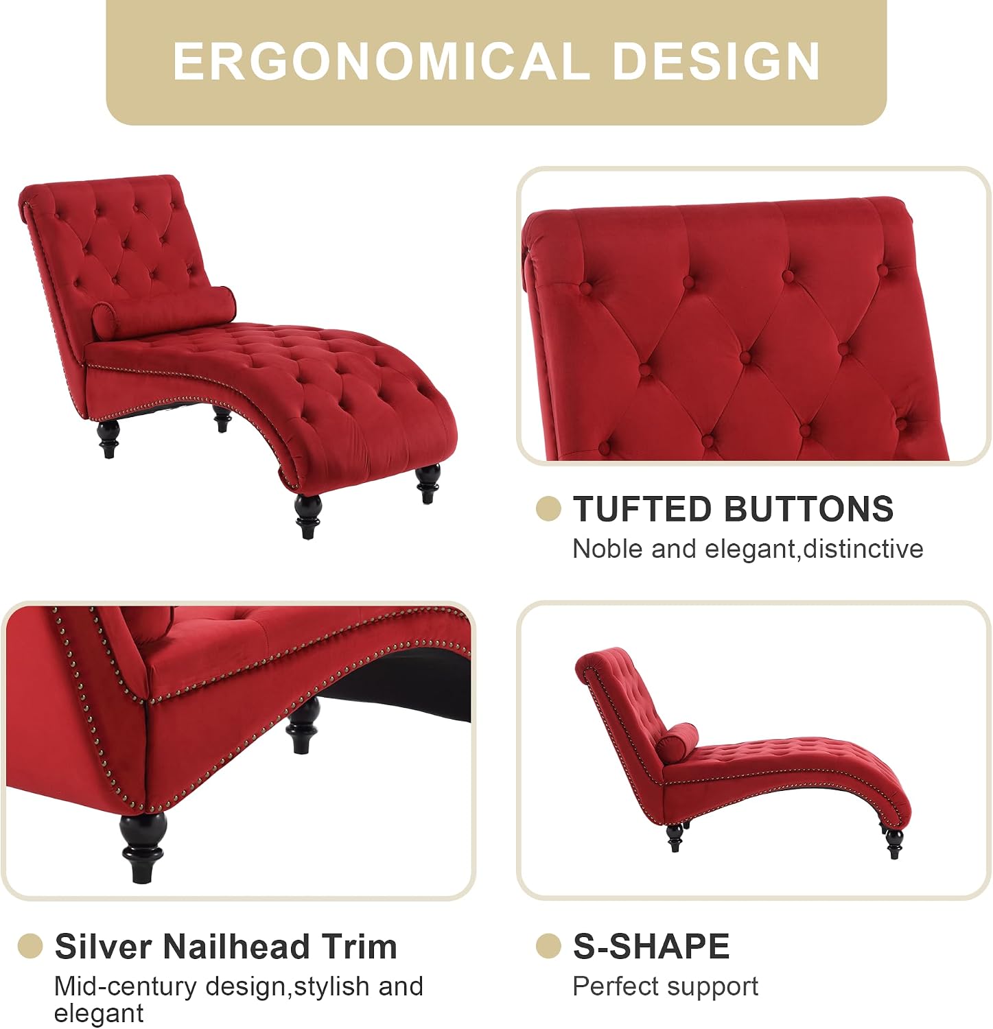 Velvet Chaise Lounge Indoor, Button-Tufted Upholstered Chaise Lounge Chair with Pillow for Bedroom Living Room Office Modern Backrest Leisure Recliner Sleep Sofa (Red)