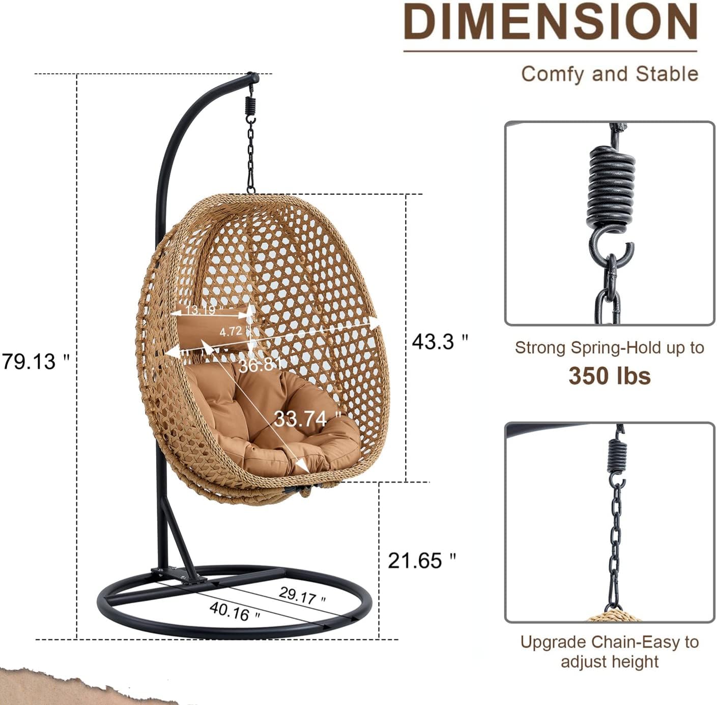 LKTART Egg Swing Chair with Stand Rattan Hanging Egg Chair with Cushions and Pillow Relaxing Chair Foldable Basket & Metal Stand Indoors or Outside