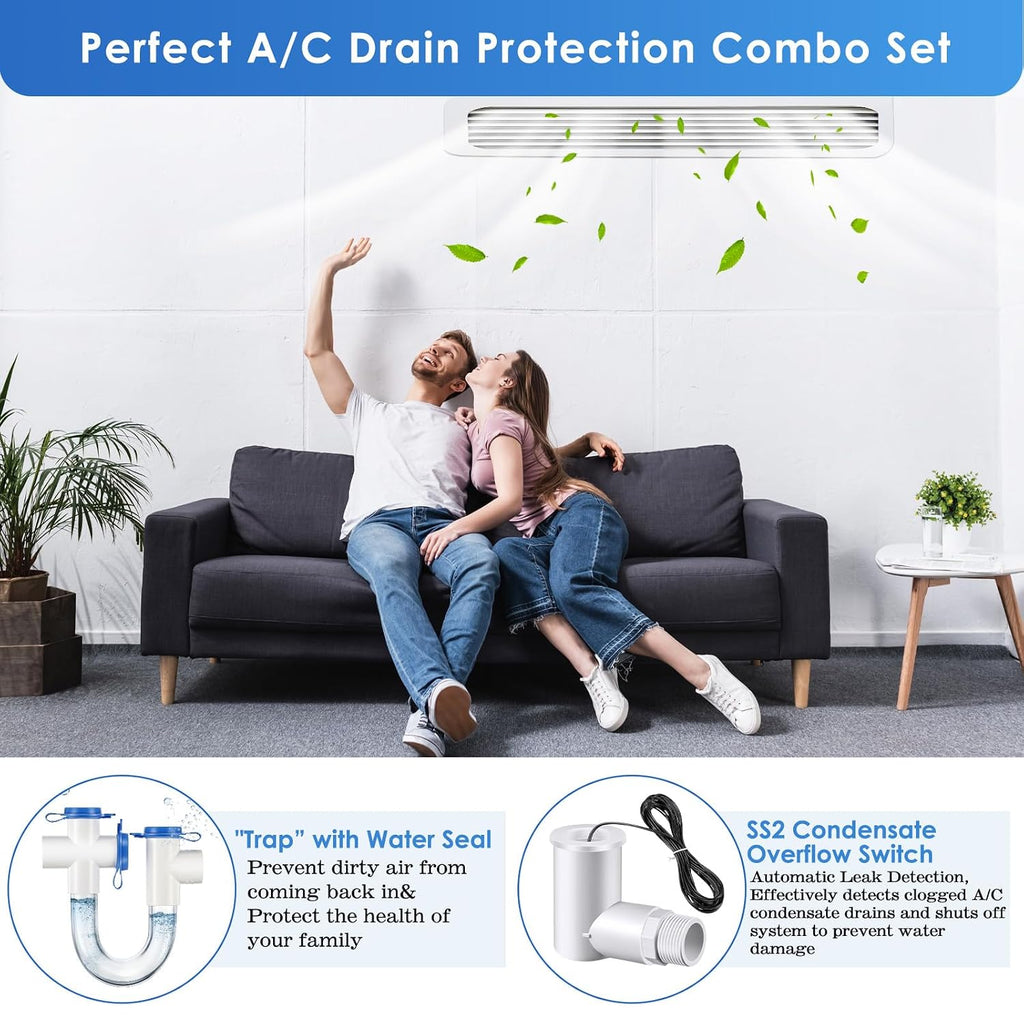 8 Pack 3/4 Inch Standard Condensate Trap with Cleaning Brush and Condensate Overflow Float Switch Compatible with SS2 Combo Kit for HVAC Systems, Air Conditioner