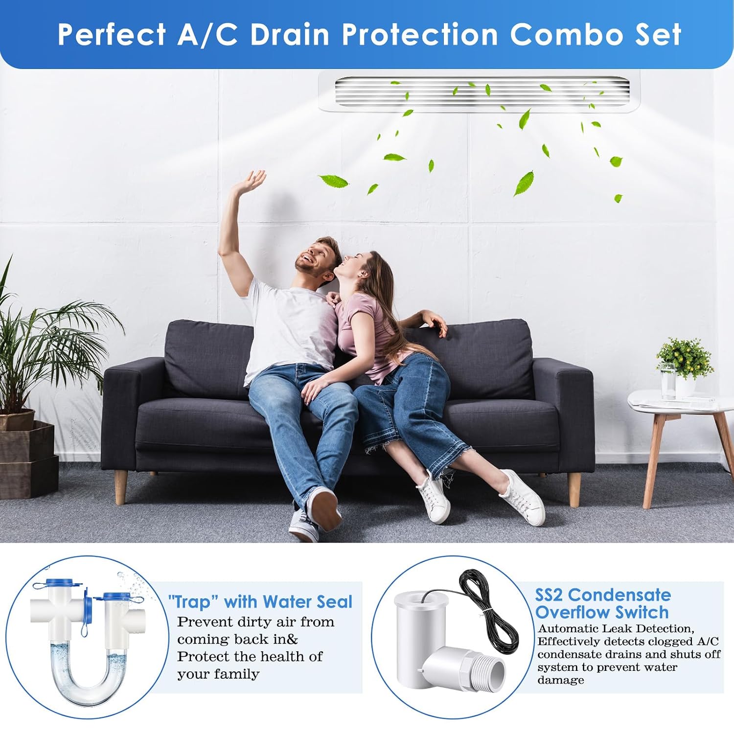 8 Pack 3/4 Inch Standard Condensate Trap with Cleaning Brush and Condensate Overflow Float Switch Compatible with SS2 Combo Kit for HVAC Systems, Air Conditioner