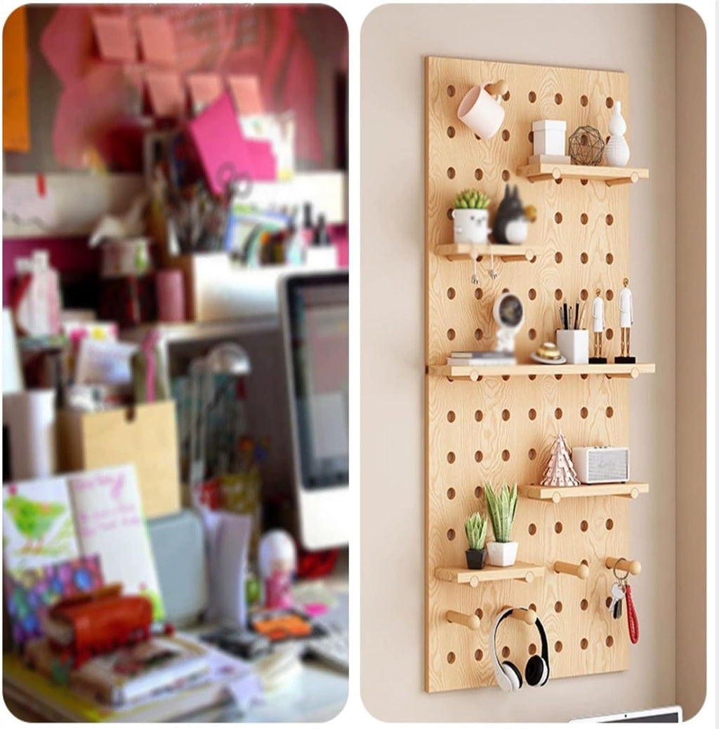Pegboard Wall Storage Shelf,Pegboard Tool Organizer, Wooden Peg Board, Storage and Display Panels, Decorative Wall Hook Rack, Pegboard Combo Kit,for Kitchen, Study Room, Garage(Brown,A)