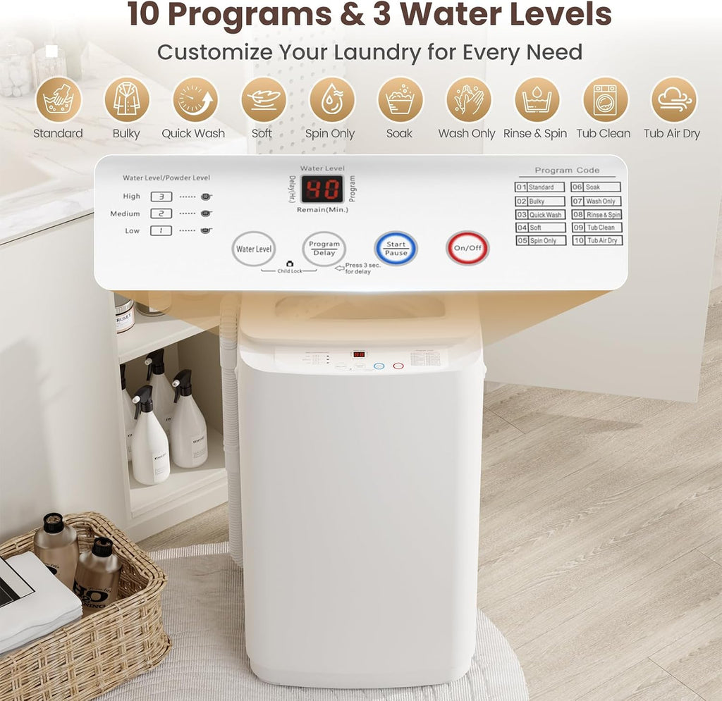 Auertech 14 lbs Portable Washing Machine, Fully Automatic Portable Washer with Glass Lid, 10 Wash Cycles, Compact Capacity Washer and Spin Dryer Combo with Drain Pump for Apartment, Dorm, RV
