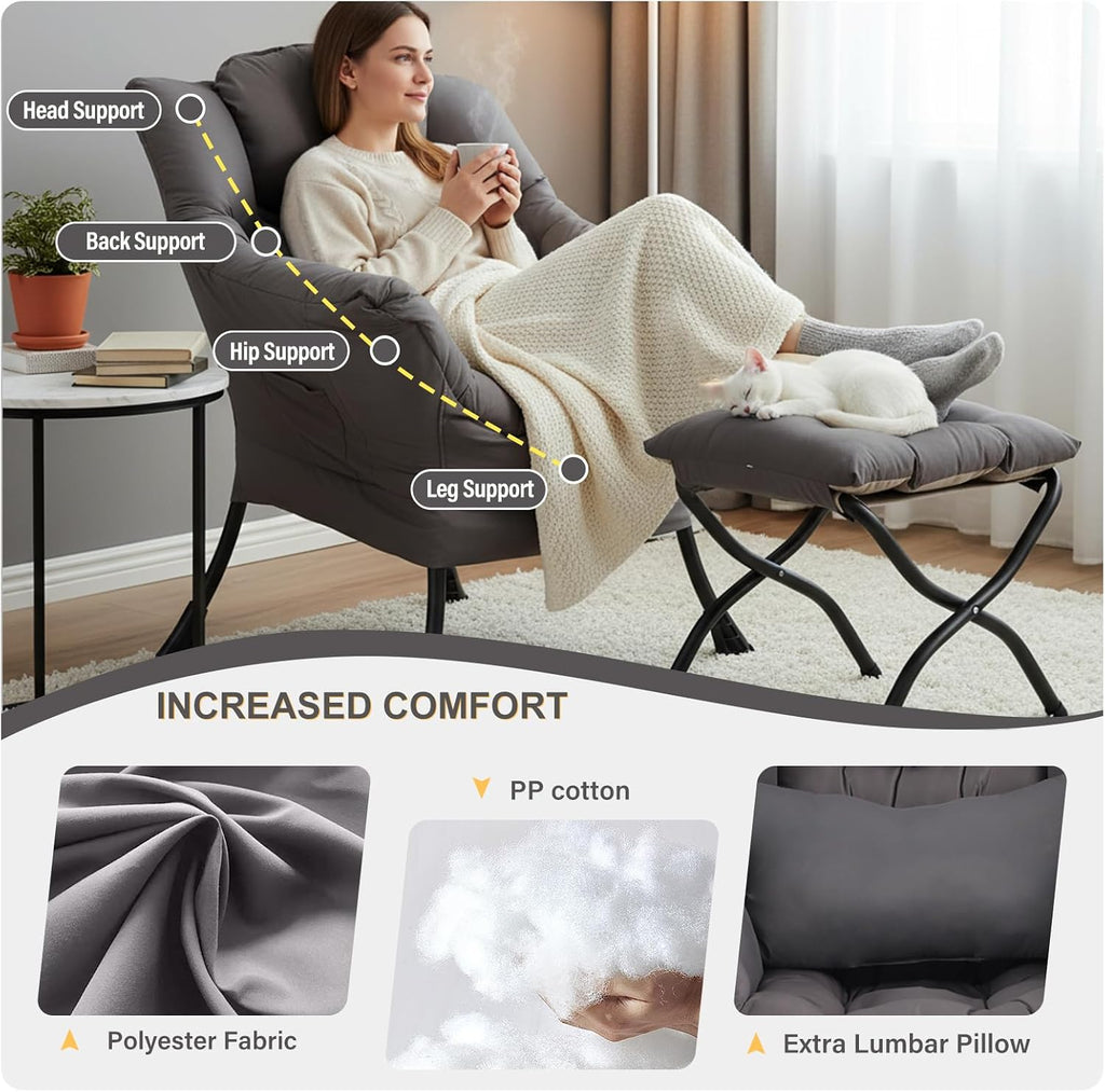 Lazy Chair with Ottoman, Modern Accent Chair with Lumbar Pillow, Dark Grey Sofa, Armchairs with Folding Footrest, Oversized Supportive Chairs for Bedroom, Reading