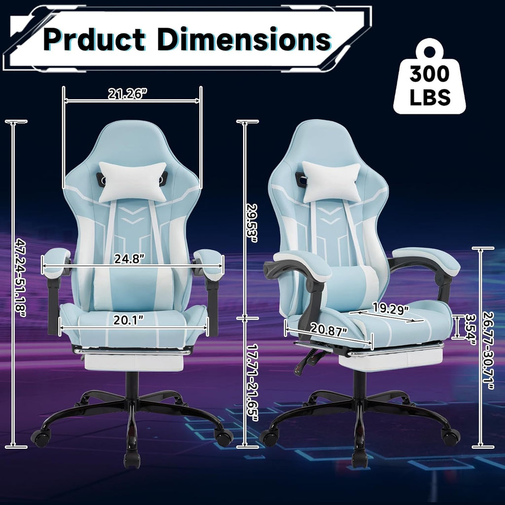 Gaming Chair with Massage and Footrest, Ergonomic High Back PC Racing Chair, 300LBS Capacity with Adjustable Lumbar Support & Headrest for Office and Desk (Model D, Blue+White)