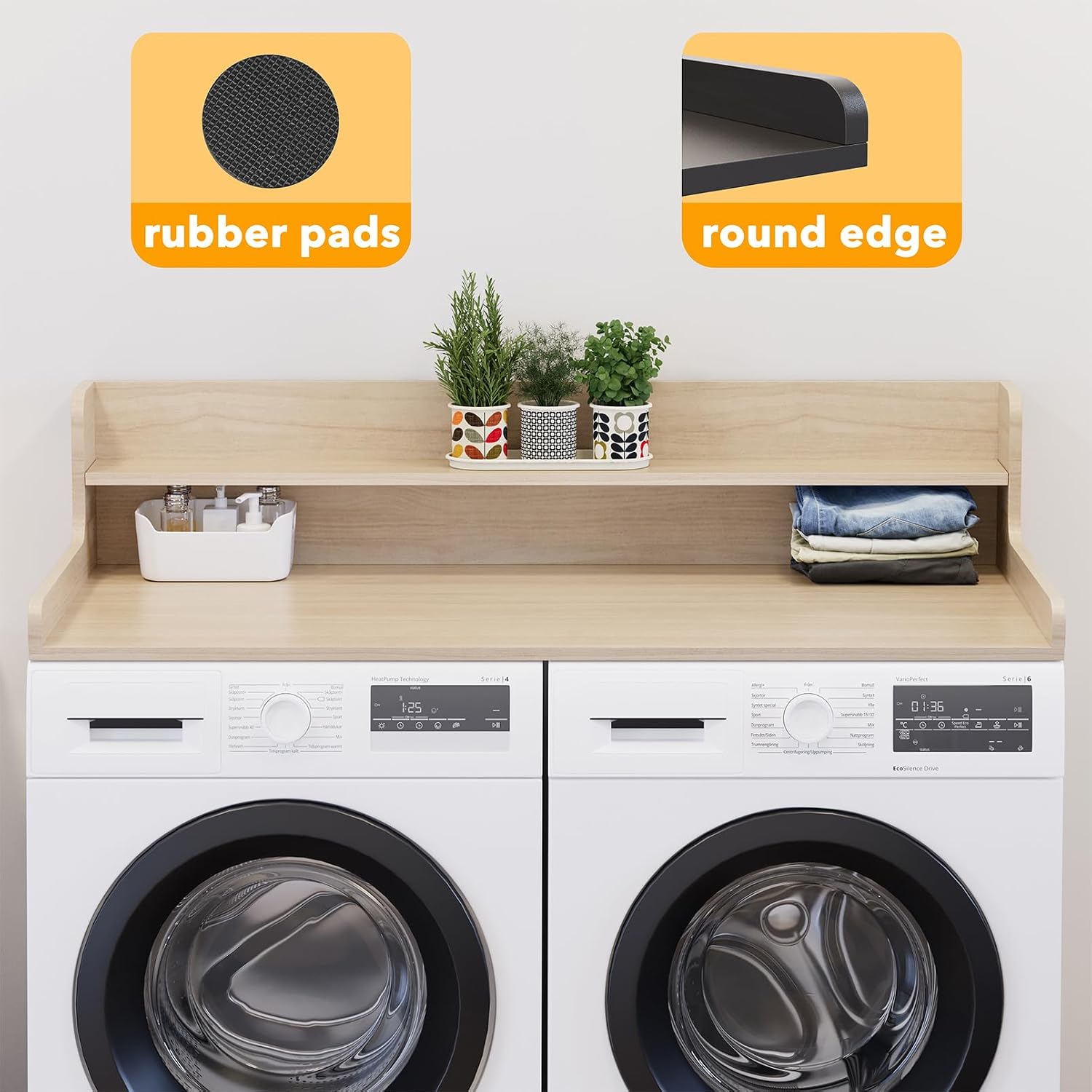 SpaceAid Washer Dryer Countertop with 2-Tier Shelf, Wood Topper with Edge, 54' Width x 27.5' Depth Cover Organizer Guard for Washer and Dryer Counter Laundry Hamper Storage (Oak)