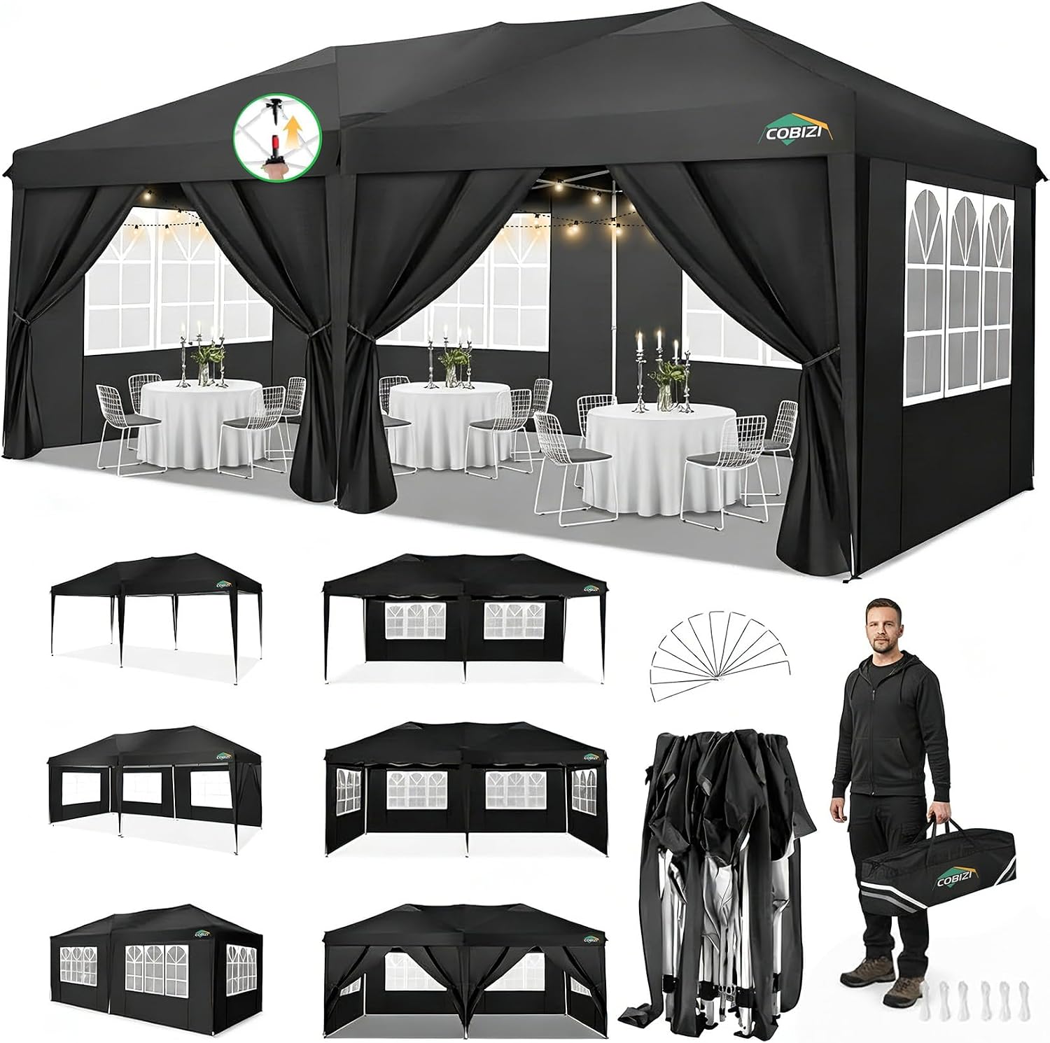 COBIZI 10x20 Pop Up Canopy Tent Commercial Instant Shelter with 6 Sidewalls, Durable Waterproof Portable Gazebo UPF 50+ for Outdoor Party, Wedding, Vendor Events (Black)