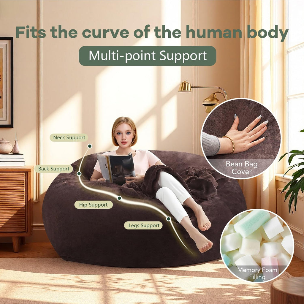 5FT,Big Bean Bag Chairs for Adults,Bean Bag with Filler Included,Memory Foam Bean Bag,Giant beanbag,Suitable for Reading Chairs in Living Room, Bedroom and Dormitory. (Brown, 5 Foot)