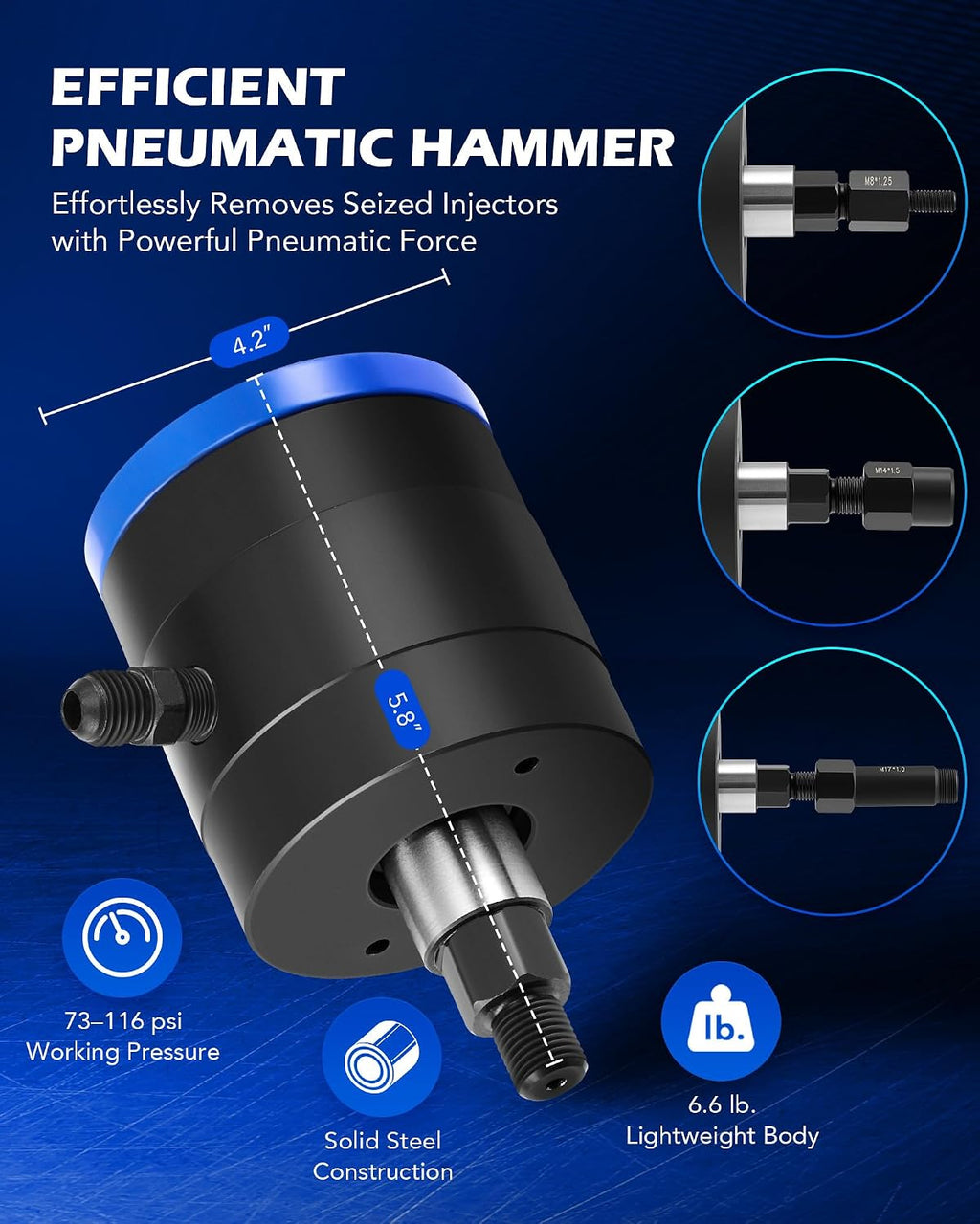 Orion Motor Tech Pneumatic Injector Puller Set for Diesel Engines, 23 pcs 5-8 Bar Air Vibration Injector Removal Tool Kit with Extractor Hammer, 19 Adapters, Extension Hose, and EU US Connectors
