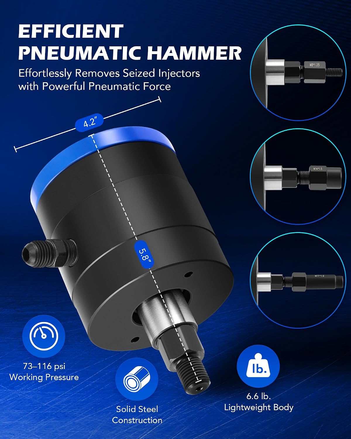 Orion Motor Tech Pneumatic Injector Puller Set for Diesel Engines, 23 pcs 5-8 Bar Air Vibration Injector Removal Tool Kit with Extractor Hammer, 19 Adapters, Extension Hose, and EU US Connectors