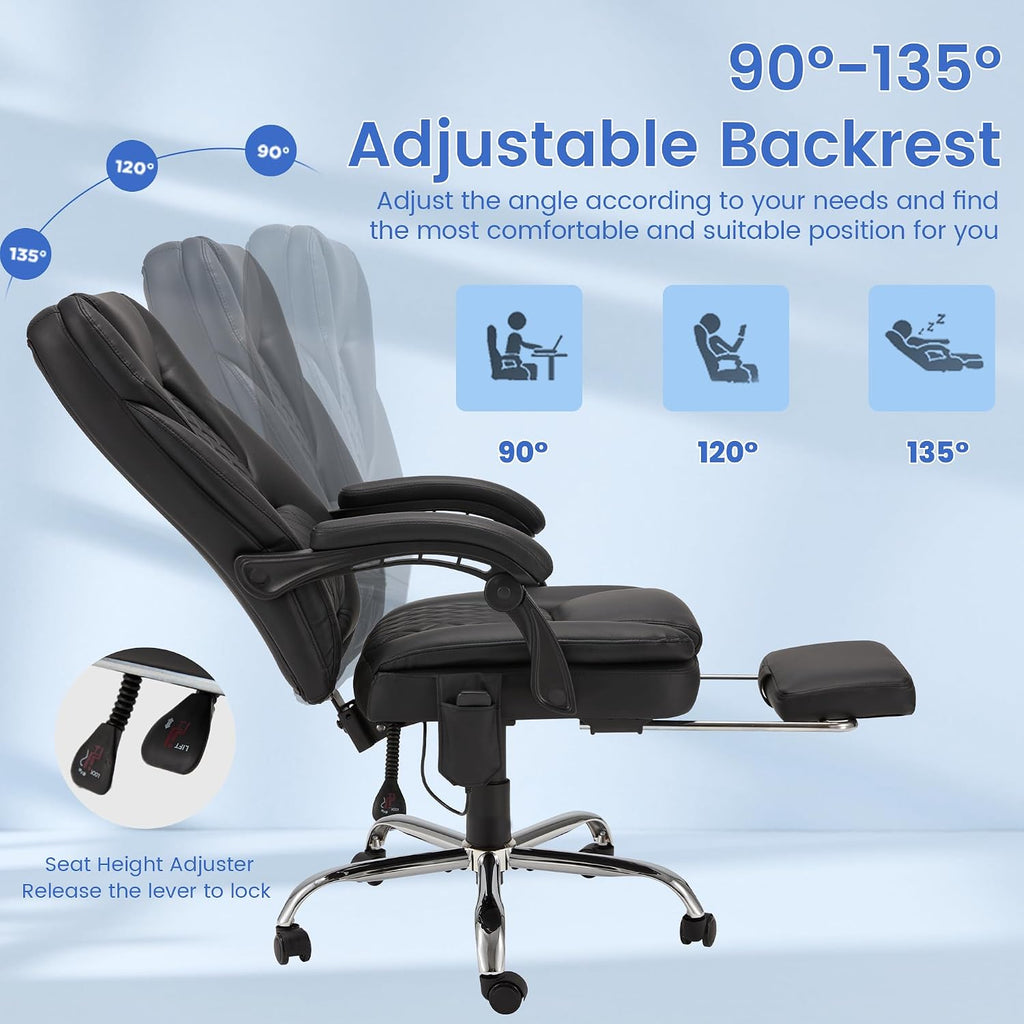 HOMREST 6-Point Massage Office Chair with Heat, 500lbs Big and Tall Executive Chair, Ergonomic Reclining Desk Chair with Footrest & Lumbar Support, Adjustable Armrest, PU Leather (Black)