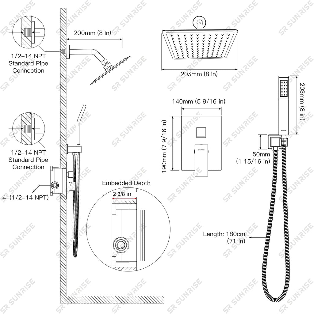 SR SUN RISE Shower Faucet - 8 Inch Shower System with Rain Shower Head and Handheld Spray - Shower Faucet Trim Repair Kits with Diverter Valve - All Metal Shower Set - Matte Black