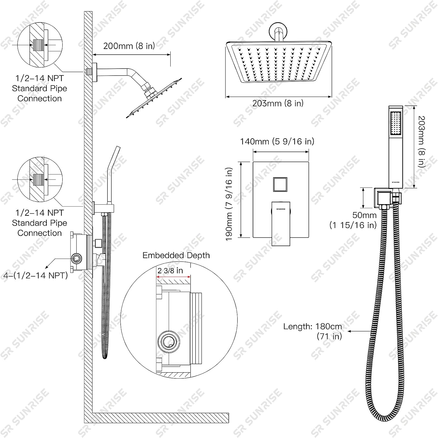 SR SUN RISE Shower Faucet - 8 Inch Shower System with Rain Shower Head and Handheld Spray - Shower Faucet Trim Repair Kits with Diverter Valve - All Metal Shower Set - Matte Black