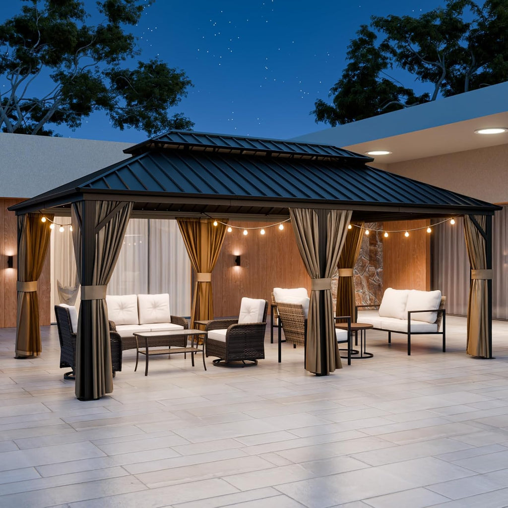 EAGLE PEAK 12x20 Hardtop Gazebo, Galvanized Steel Double Roof with Aluminum Frame, Outdoor Pavilion with Netting and Curtains for Patio, Deck, Lawn and Garden, Dark Brown/Tan