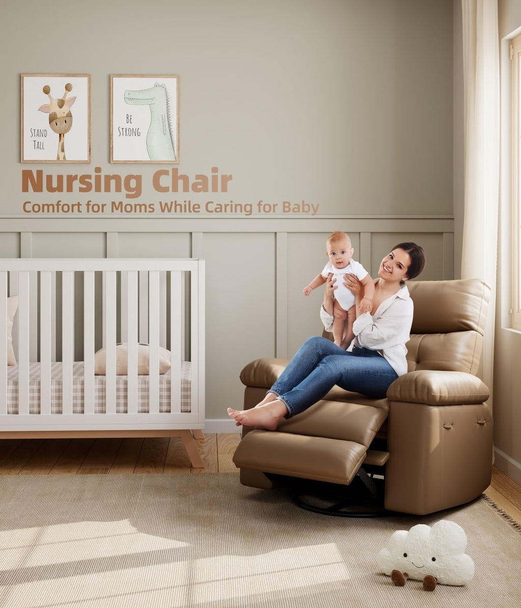 GarveeHome Recliner Chair, 360° Swivel Rocker Recliners with Heat & Massage, Soft Lazy Boy Recliner Chair with 2 Cup Holders and Side Pocket for Living Room Bedrooms and Nurseries (Modern, Tan)