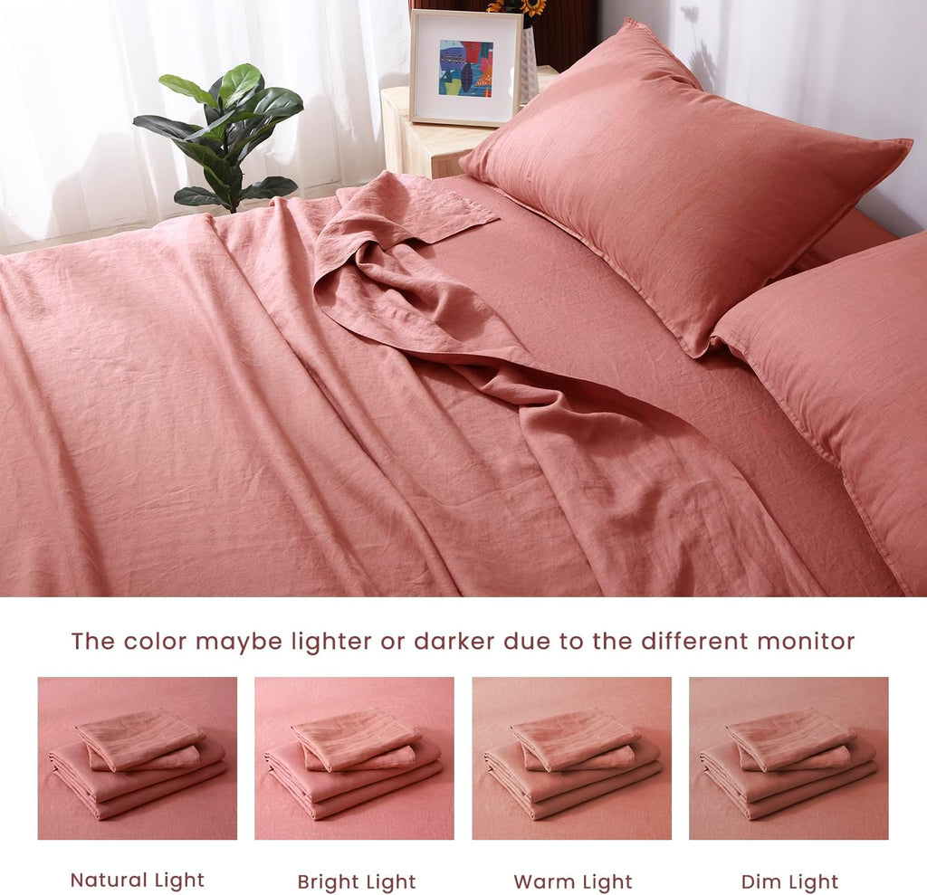 S VICTORY SYMBOL 100% Organic Linen Sheets Set,Washed French Flax Bed Sheets Set 3Pcs Twin Size,Natural Linen Bedding Breathable Soft-Clay