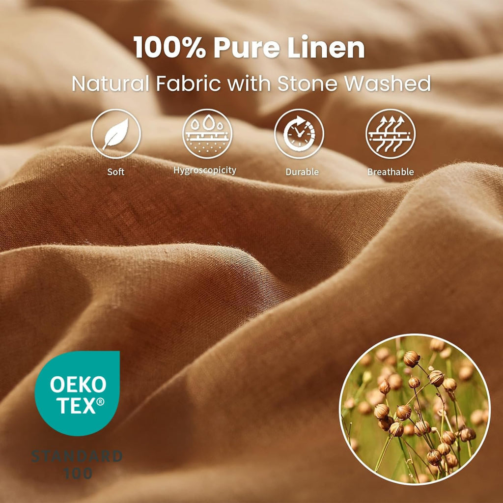 Simple&Opulence 100% Linen Sheet Set 4 Pieces Natural France Flax Bed Sheet (1 Flat Sheet, 1 Fitted Sheet, 2 Pillowcases) Breathable Luxury Hotel Bedding - Embroidery Rust, Queen Size