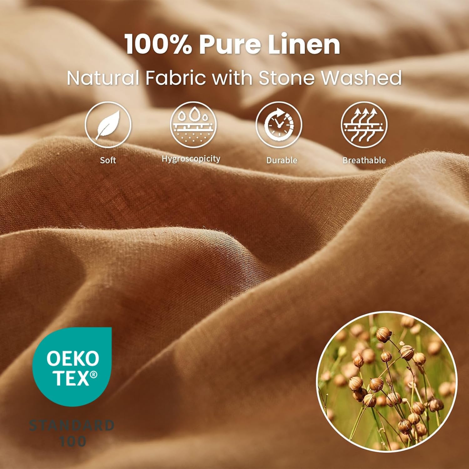 Simple&Opulence 100% Linen Sheet Set 4 Pieces Natural France Flax Bed Sheet (1 Flat Sheet, 1 Fitted Sheet, 2 Pillowcases) Breathable Luxury Hotel Bedding - Embroidery Rust, Queen Size