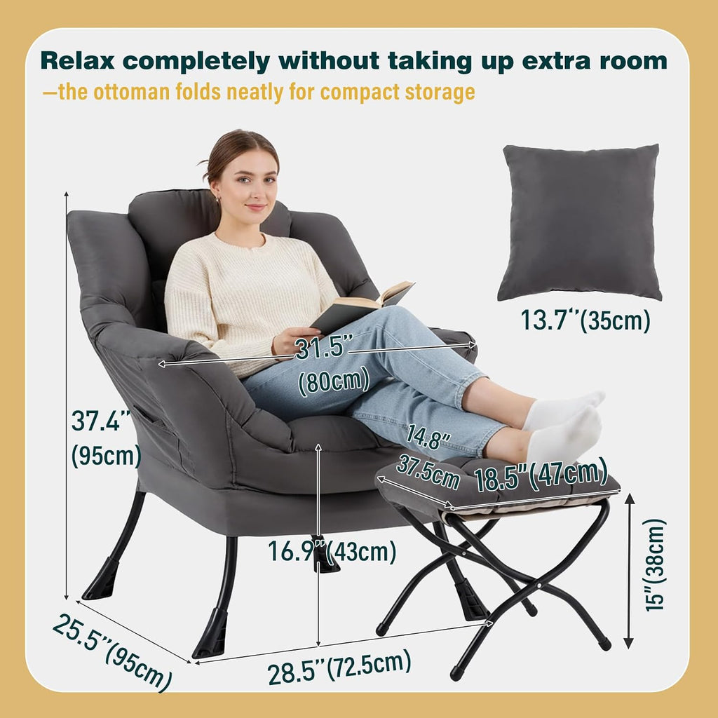 Lazy Chair with Ottoman, Large Accent Chair with Ottoman and a Throw Pillow, Dark Grey Reading Chair for Living Room Bedroom Dorm Room Office Apartment Relaxing Use