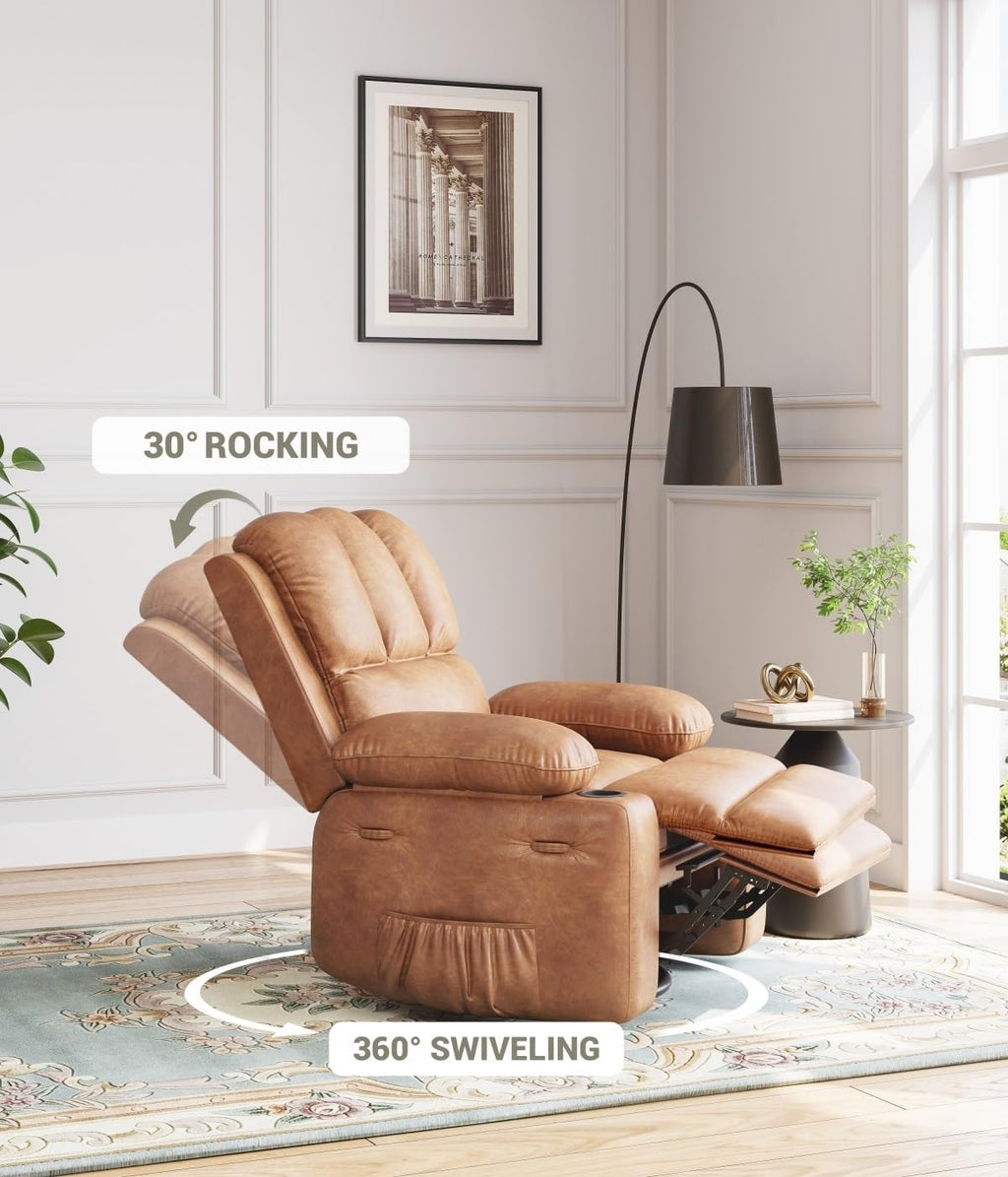 Oversized Recliner Chairs with Massage and Heat, Leather Recliner Chair for Adults, Manual Chair with Cup Holder for Living Room, Bedroom and Nursery (Coffee-1)