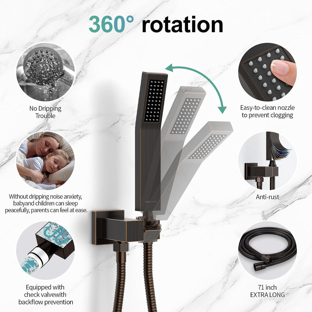 SR SUN RISE Oil Rubbed Bronze Shower System 12 Inches Brass Bathroom Luxury Rain Mixer Shower Combo Set Wall Mounted Rainfall Shower Head System Shower Faucet Rough-in Valve Body and Trim Included