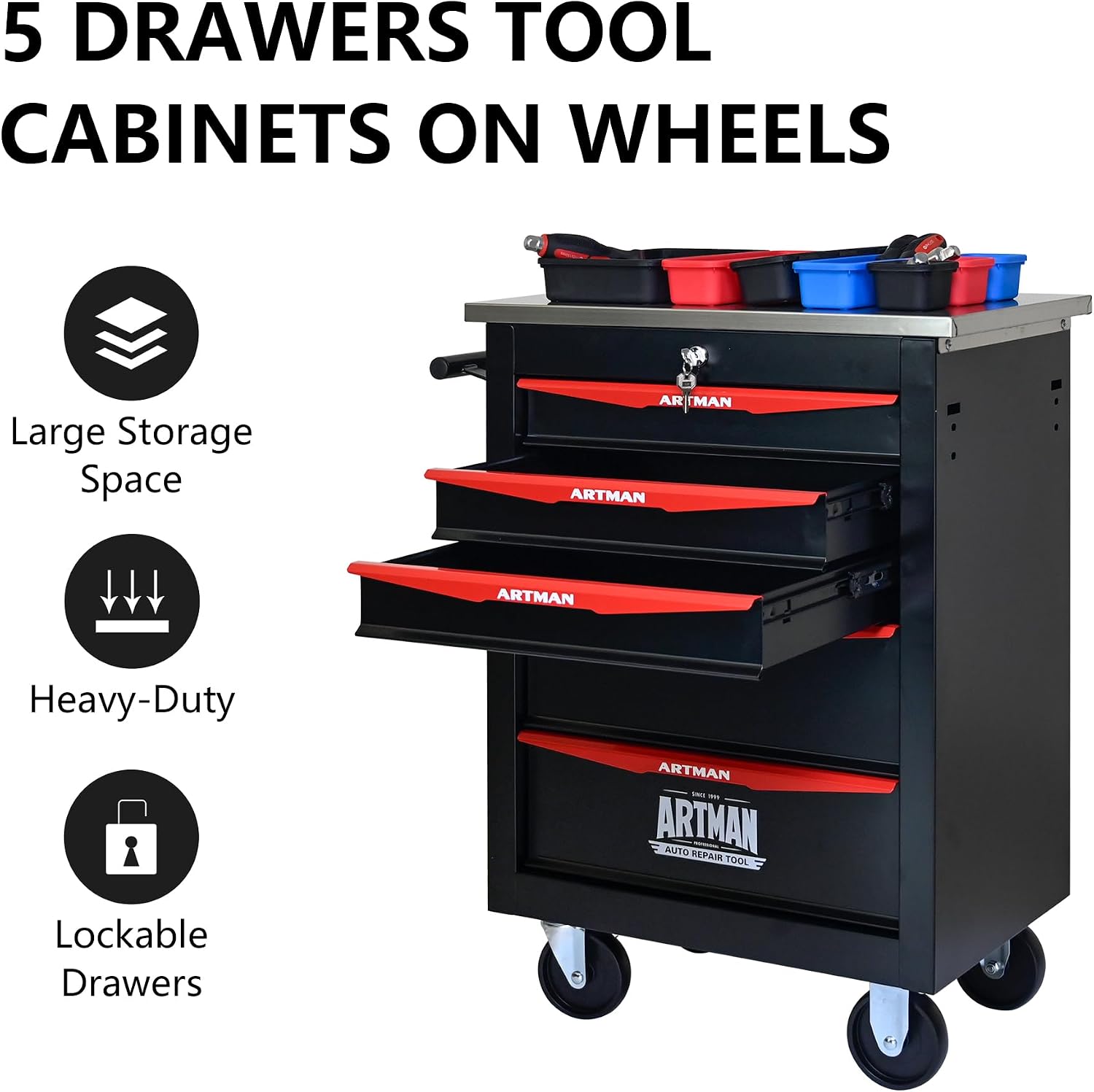 Campfun Tool Chest with Wheels 5 Drawers Rolling Tool Box, Metal Tool Cart with Extra 7 Tool Storage Boxes, Tool Chest Workbench Tool Storage Cabinet for Garage Workshop Warehouse Repair Shop