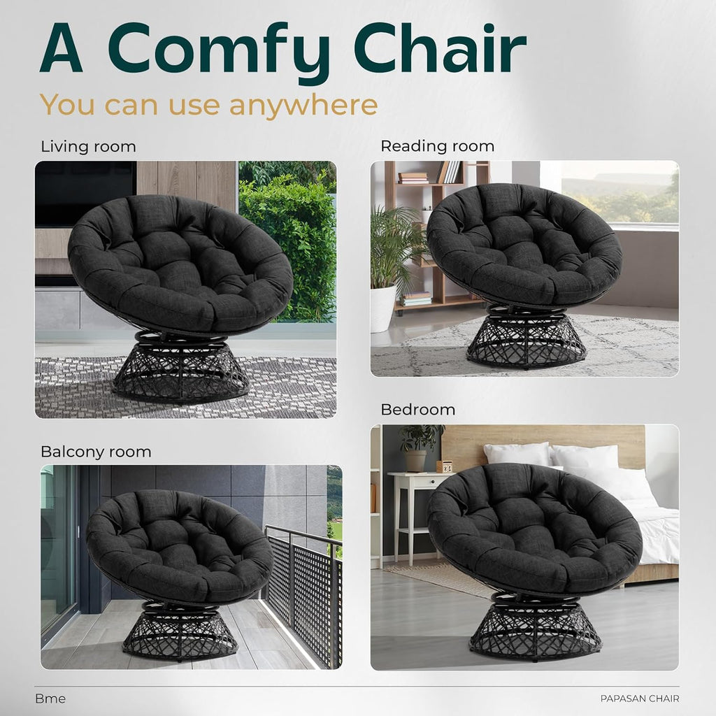 Bme 40' Ergonomic Wicker Papasan Chair with Soft Thick Density Fabric Cushion, High Capacity Steel Frame, 360 Degree Swivel for Living, Bedroom, Reading Room, Lounge, Onyx Stone - Black Base