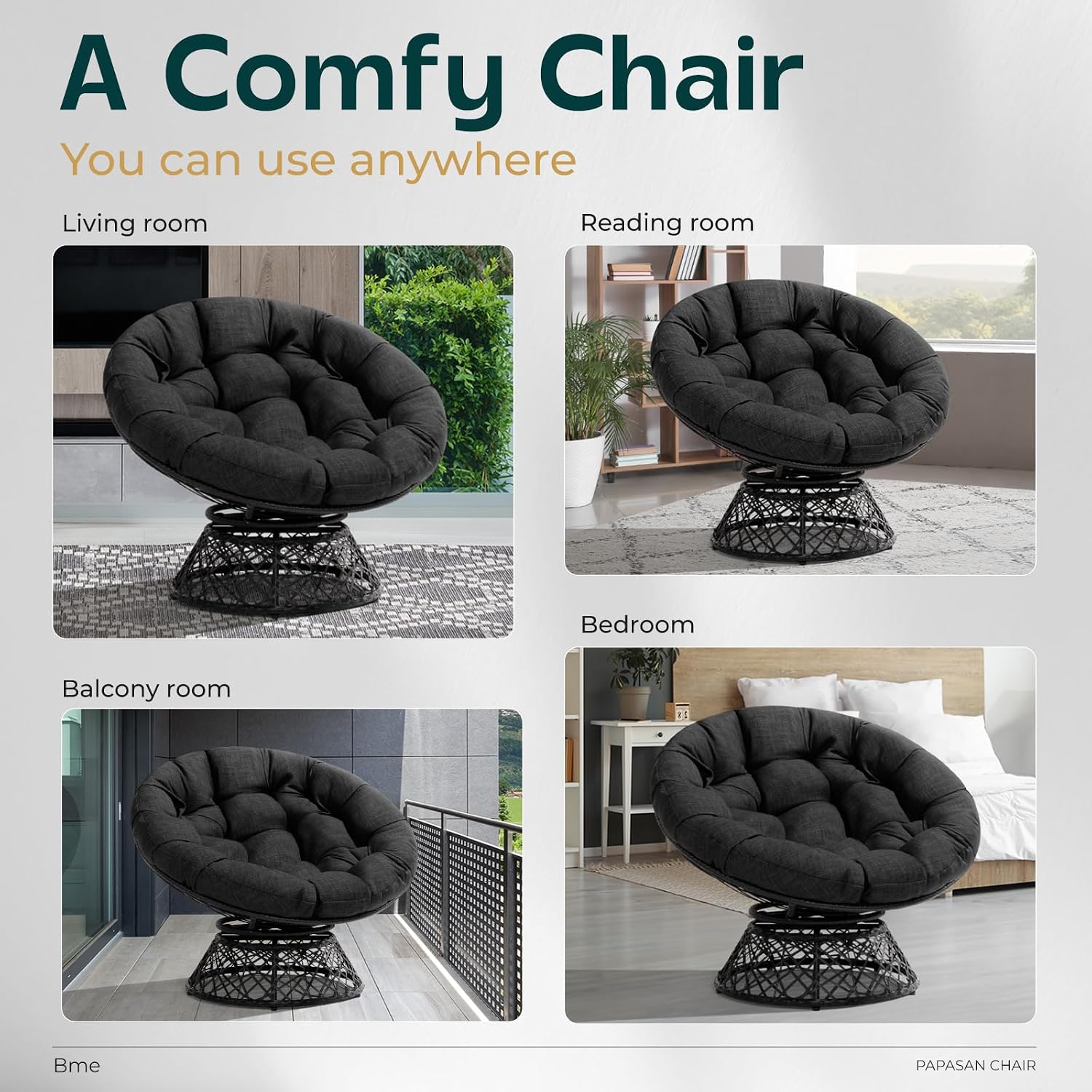 Bme 40' Ergonomic Wicker Papasan Chair with Soft Thick Density Fabric Cushion, High Capacity Steel Frame, 360 Degree Swivel for Living, Bedroom, Reading Room, Lounge, Onyx Stone - Black Base
