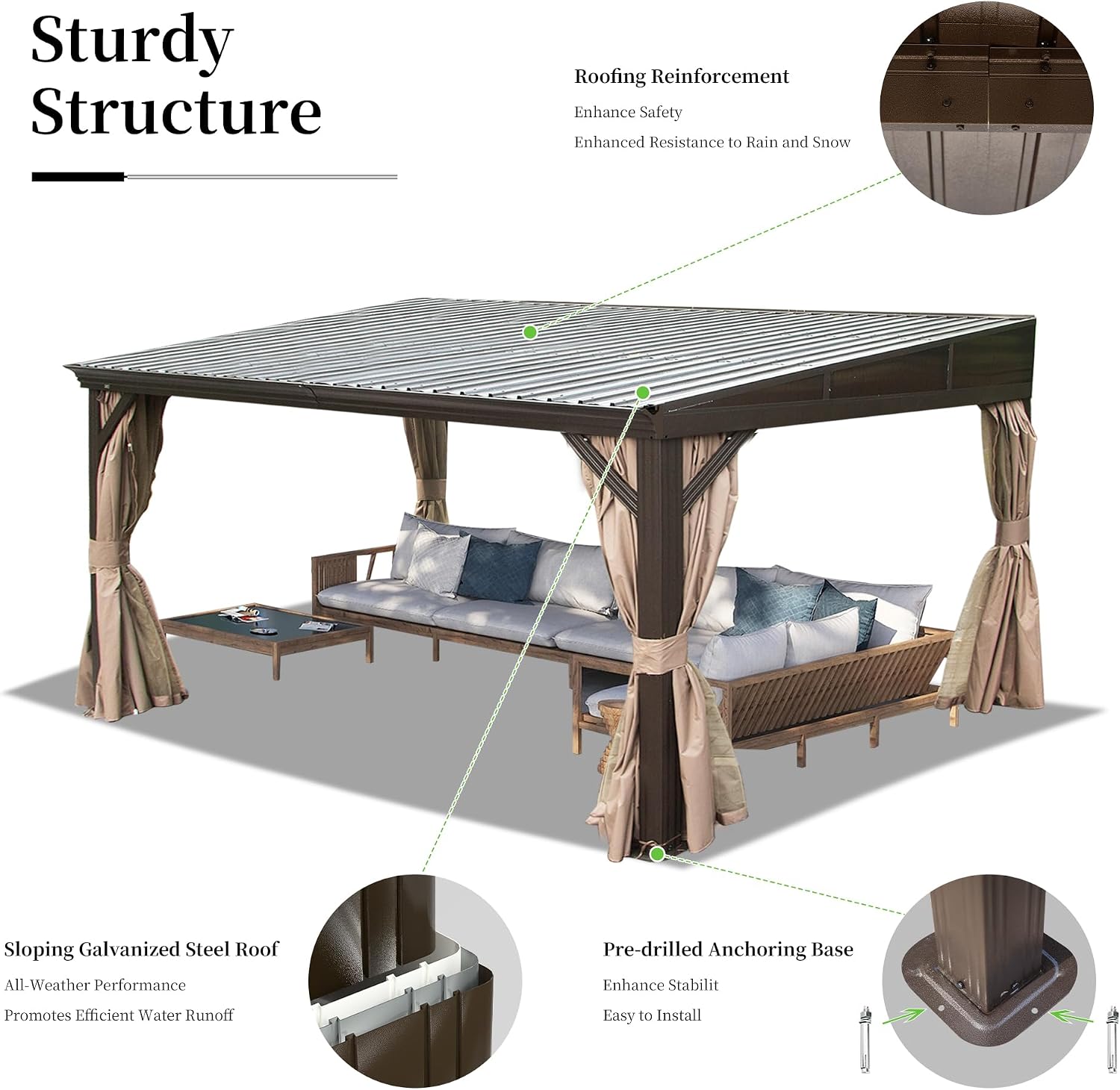 DOMI 10x12FT Lean to Gazebo with Aluminum Frame, Outdoor Hardtop Wall Mounted Gazebo with Sloping Galvanized Steel Roof, Netting Curtain for Deck, Porch, Backyard