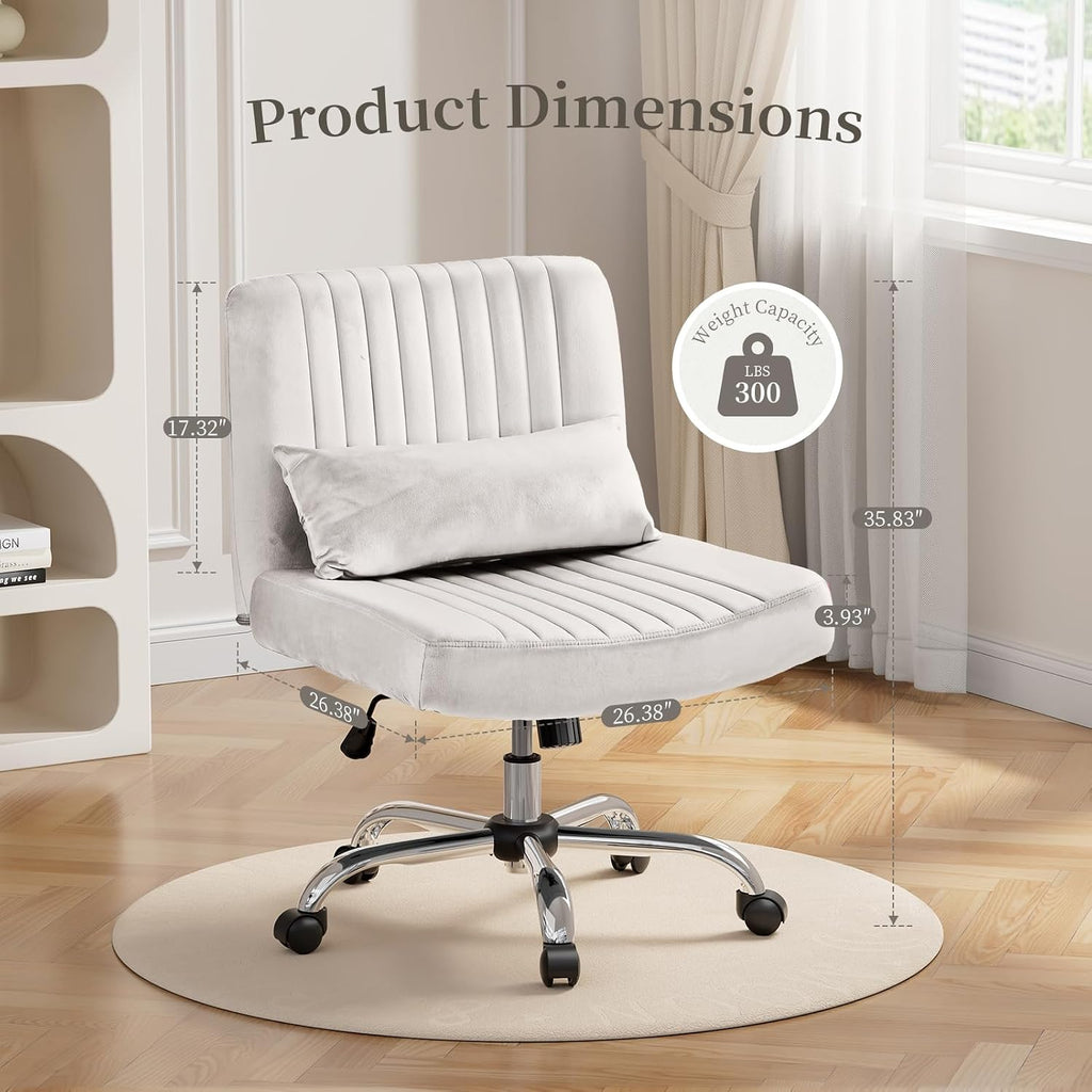 Warmiehomy Velvet Office Chair, Luxury Criss Cross Chair with Wheels, Comfy Cross Legged Desk Chair for Home Office, Stylish Vanity Chair, Wide Seat Computer Chair, Best Gift for Girls, Pure White