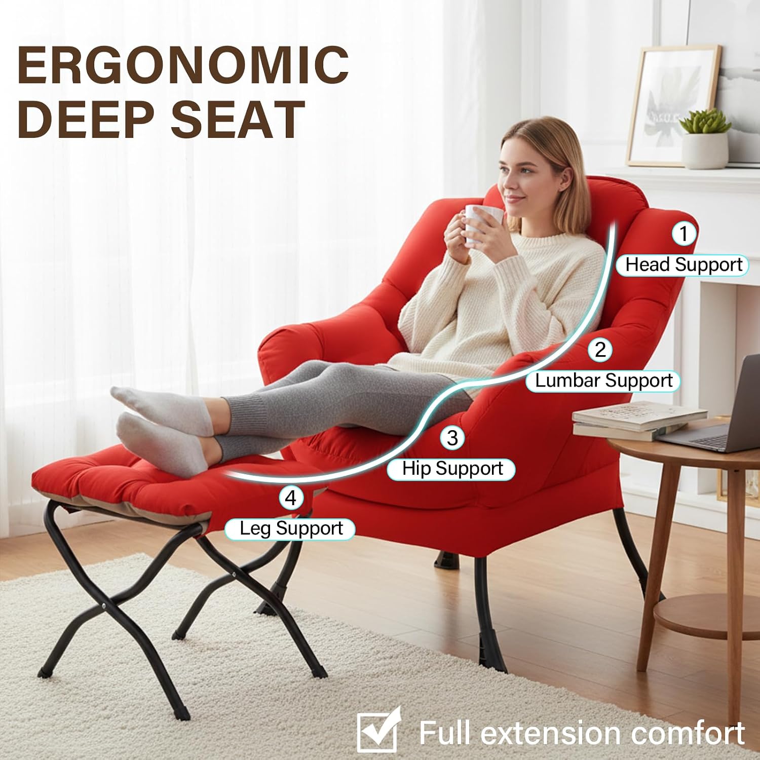 Welnow Lazy Chair with Ottoman, Modern Accent Chair with Armrests and a Side Pocket, Leisure Sofa Armchair Set, Reading Armchair with Footrest for Small Space, Red