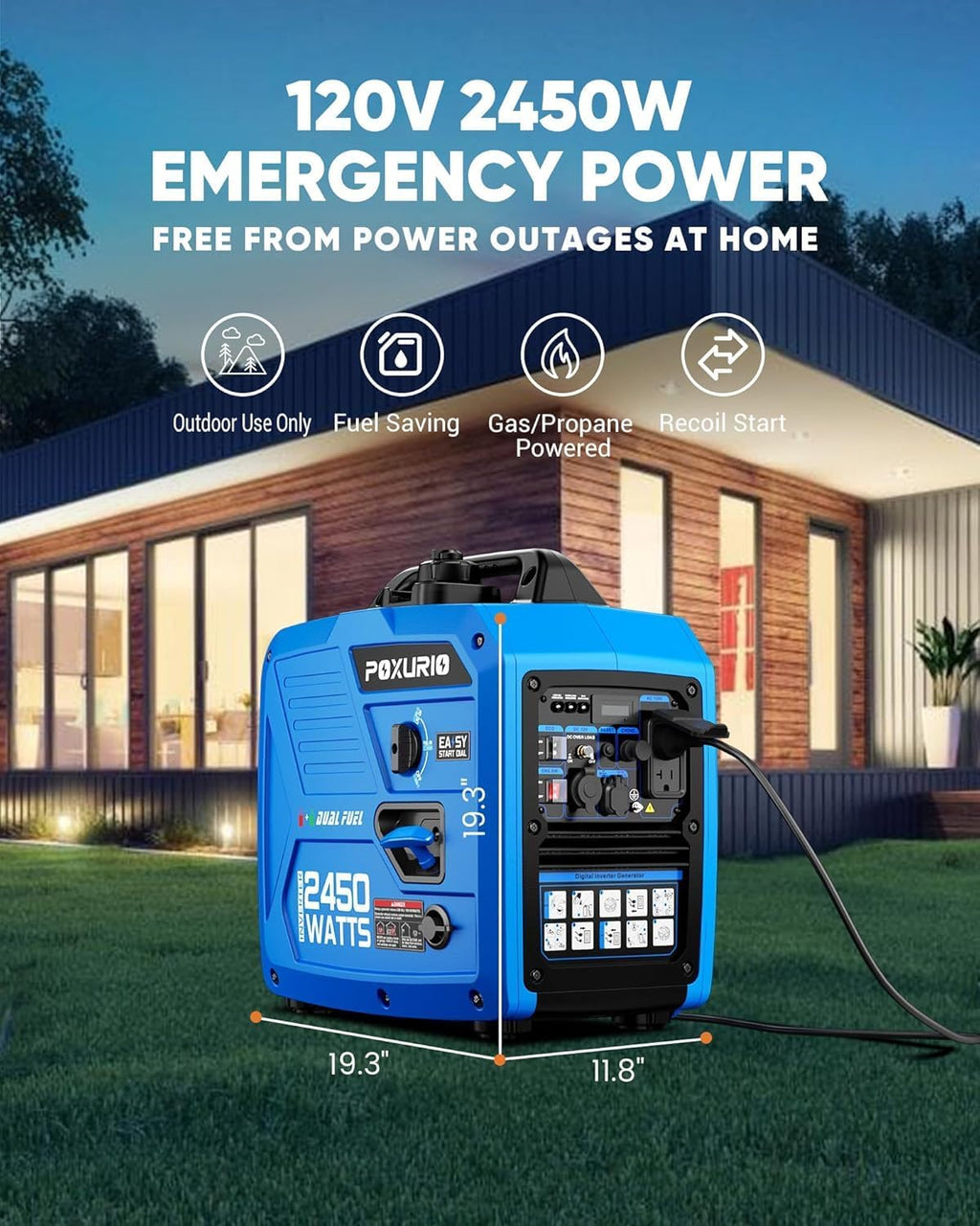 2450-Watt Dual Fuel Inverter Generator for Home Use, 1.6Gallon Large Fuel Tank Up to 8.3 Hours Use, 120V Gas Powered Generator Super Quiet, Blue