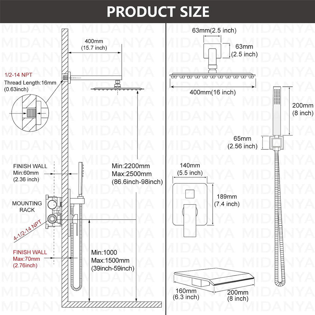 Midanya Shower System with Tub Spout,Bathtub Shower Faucet Set with Square Rainfall Head and Handheld Sprayer Wall Mount Tub Faucet Set with Valve and Trim Kit,16 Inch Matte Black