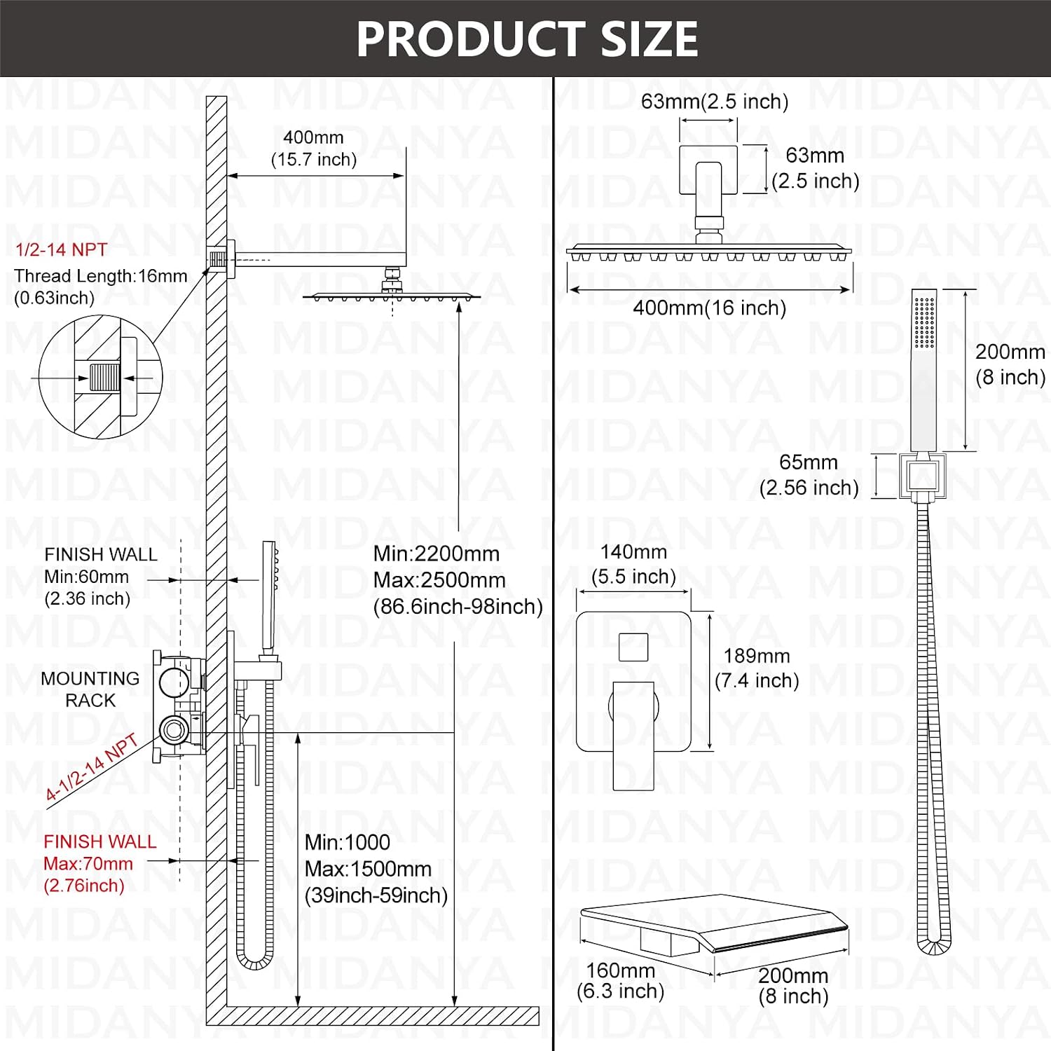 Midanya Shower System with Tub Spout,Bathtub Shower Faucet Set with Square Rainfall Head and Handheld Sprayer Wall Mount Tub Faucet Set with Valve and Trim Kit,16 Inch Matte Black