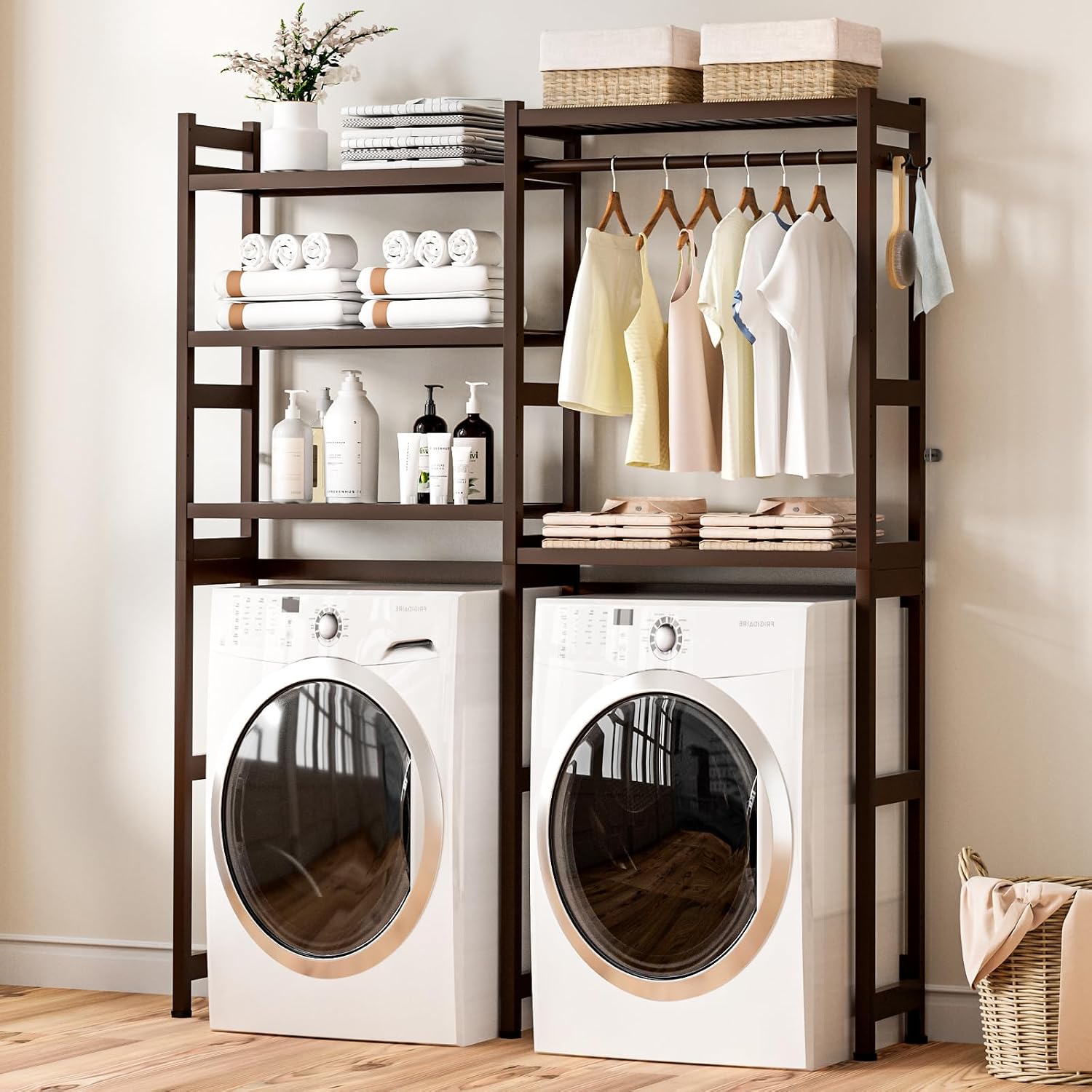 Cozivolife Over The Washer and Dryer Storage Shelf Bamboo,5 Tiers Laundry Room Drying Rack with Adjustable Shelves and 4 Hooks,Space Saver Organizer for Hanging Clothes and Towels (Brown)