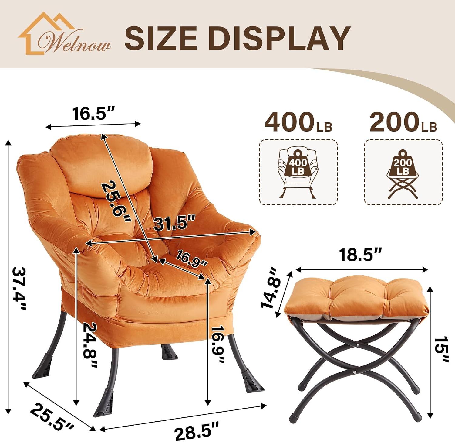 Welnow Orange Lazy Chair with Ottoman, Modern Accent Chair with Armrests and a Side Pocket, Leisure Sofa Armchair, Reading Armchair with Footrest for Small Space, Corner Chair