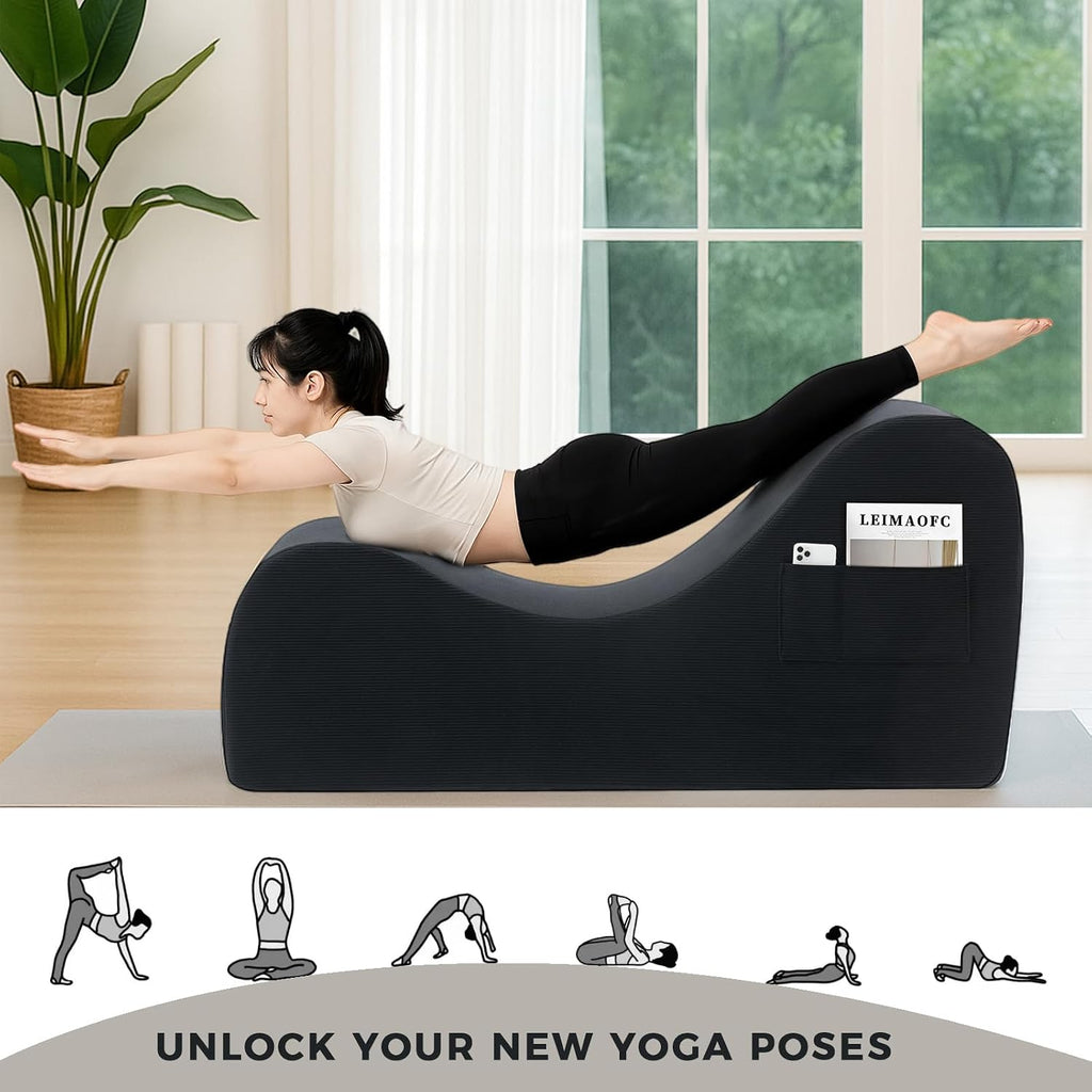 Yoga Chair Lounge for Adult, Ergonomic Chaise Lounge Chair with Side Pocket, Headrest, Waist Pad, Ottoman，Perfect for Stretching, Massage, and Relaxation, Used in Living Room, Bedroom（Black）