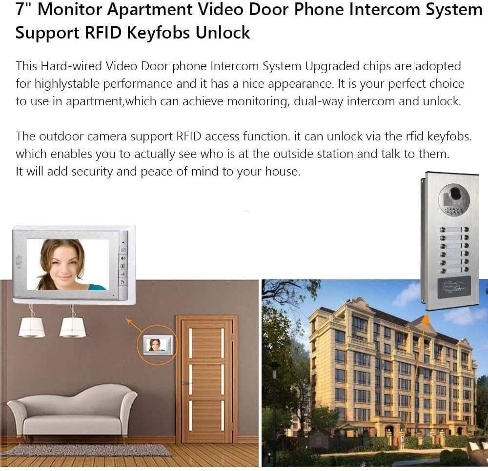3 Units Apartment Video Intercom System, 7 Inch Monitor Wired Video Doorbell Door Phone Kits, Indoor Outdoor IR Camera, ID Keyfob Unlock, Monitoring, 3-Monitors for Home Apartment