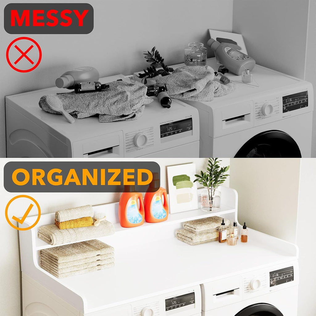 SpaceAid Washer Dryer Countertop with 2-Tier Shelf, Wood Topper with Edge, 54' Width x 27.5' Depth Cover Organizer Guard for Washer and Dryer Counter Laundry Hamper Storage (White)