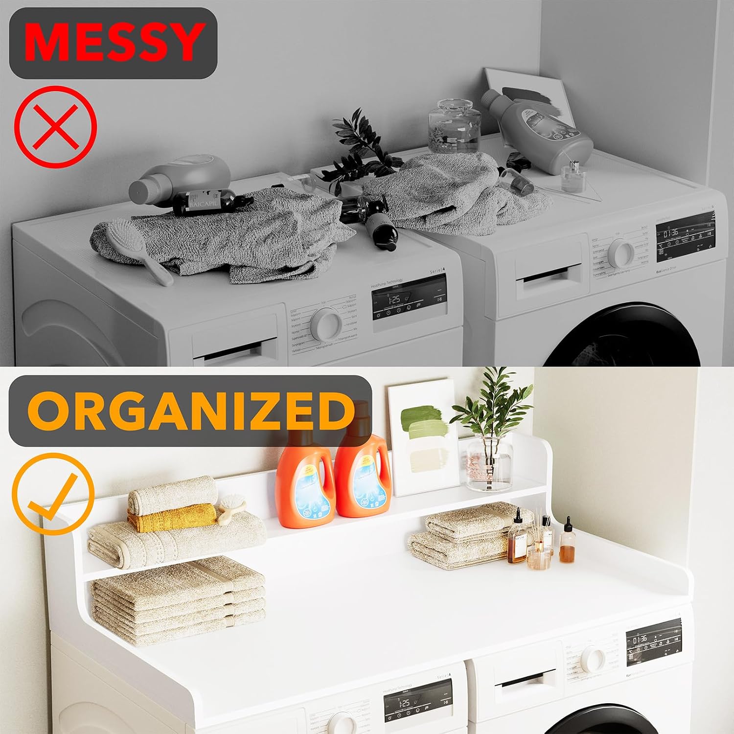 SpaceAid Washer Dryer Countertop with 2-Tier Shelf, Wood Topper with Edge, 54' Width x 27.5' Depth Cover Organizer Guard for Washer and Dryer Counter Laundry Hamper Storage (White)