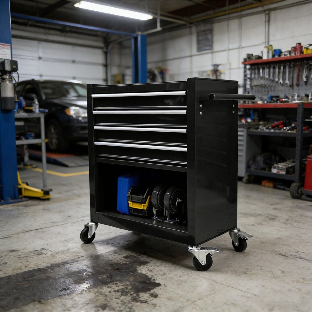 4-Drawer Tool Cart on Wheels, Drawers Rolling Tool Chest with 1 Cabinet, Mobile Trolley Organizer Tools Box with Locking Wheels & Ball Bearing Drawers for Garage,Warehouse,Repair Shop (Black)