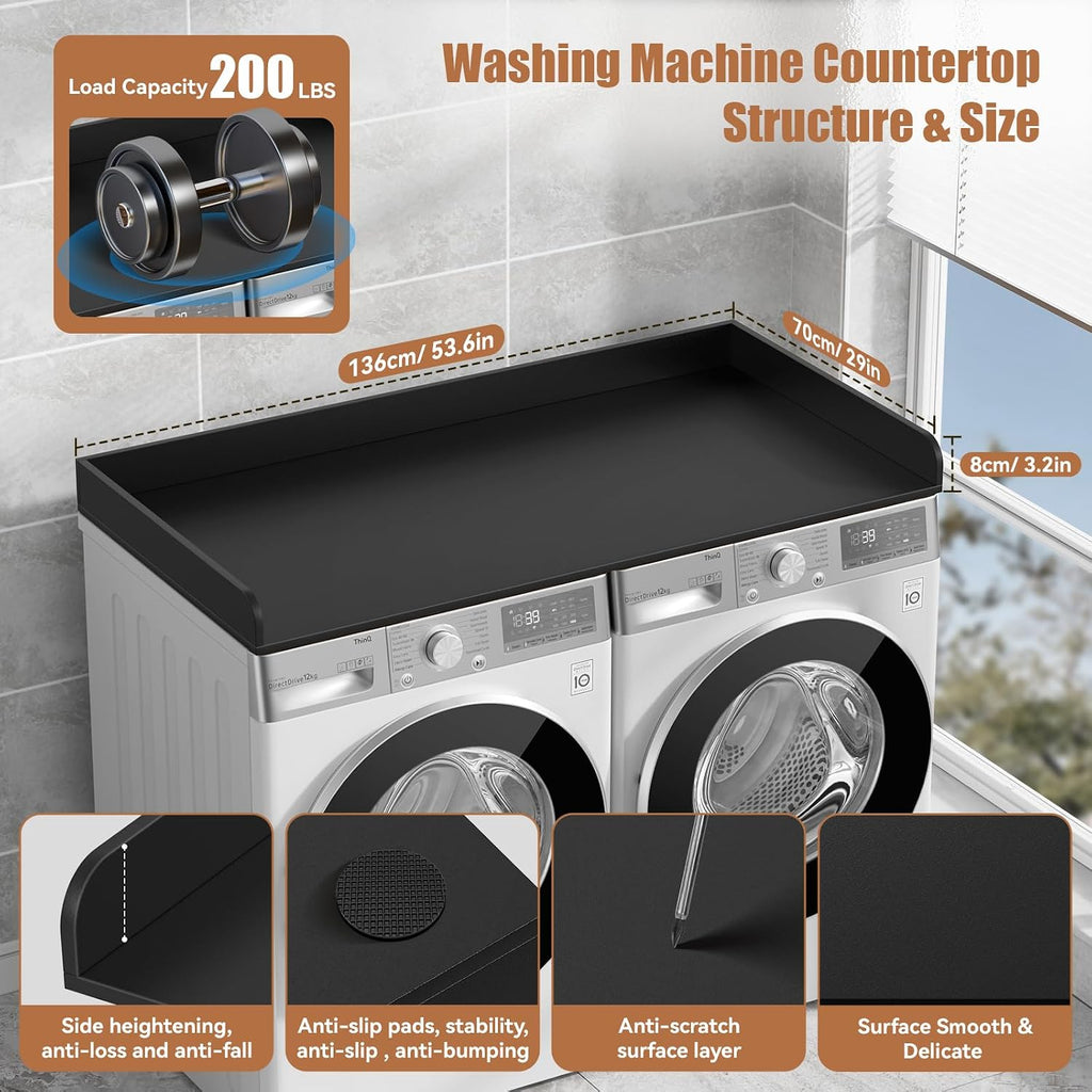 Washer Dryer Countertop, 27.5' D x 54' W Washer and Dryer Topper Covers with Edge Rails, Wood Laundry Room Countertop Shelves for Laundry Room Organization and Storage (Black)