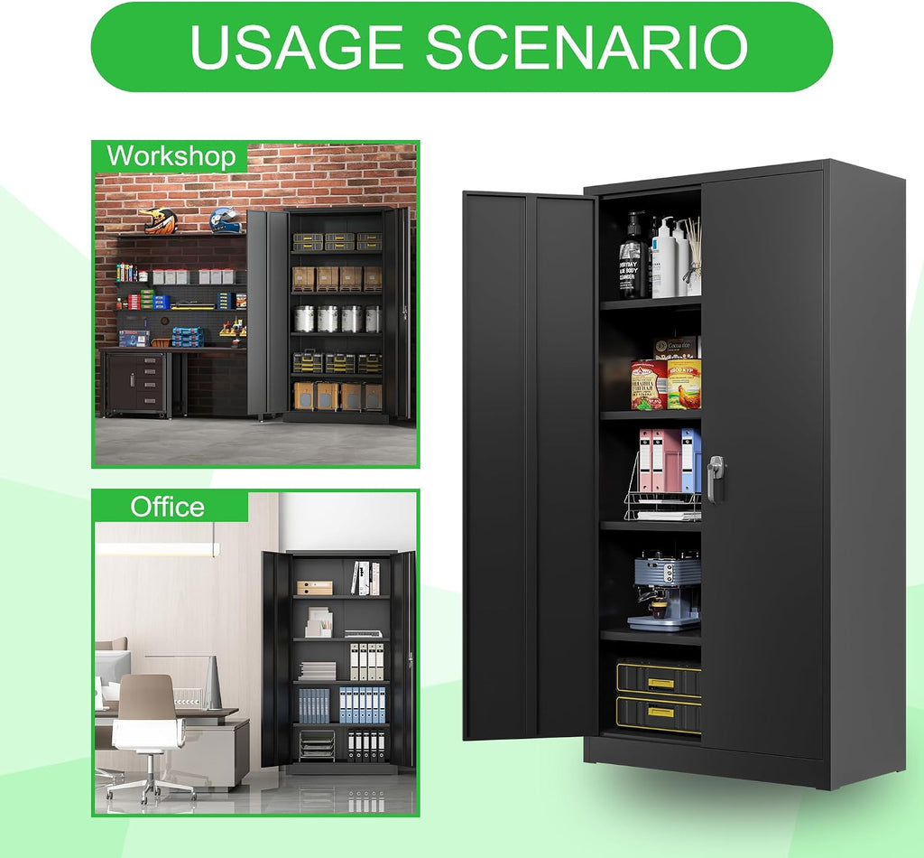 Locking Metal Storage Cabinet with 2 Door and 4 Adjustable Shelves, Black Lockable Garage Storage Cabinet for Home, Office, Utility Room, H70.87×W35.43×D17.72