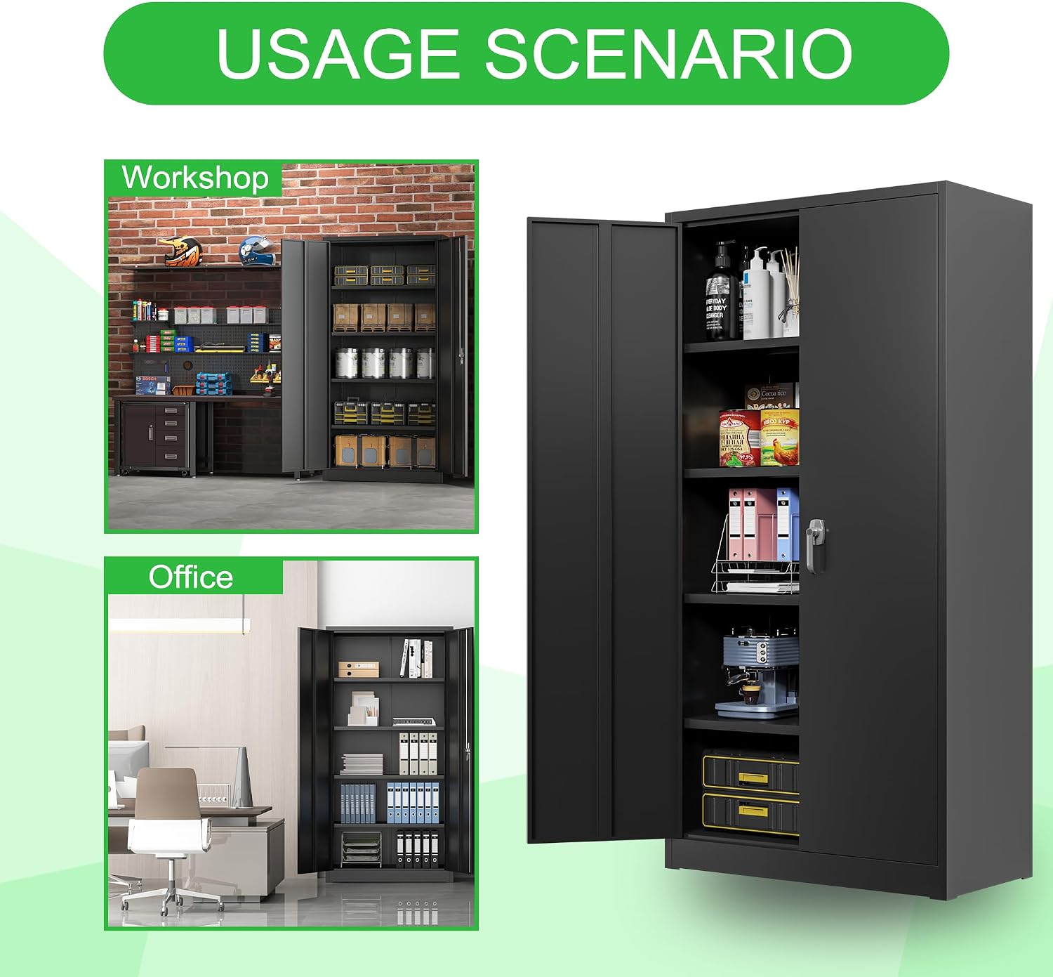 Locking Metal Storage Cabinet with 2 Door and 4 Adjustable Shelves, Black Lockable Garage Storage Cabinet for Home, Office, Utility Room, H70.87×W35.43×D17.72