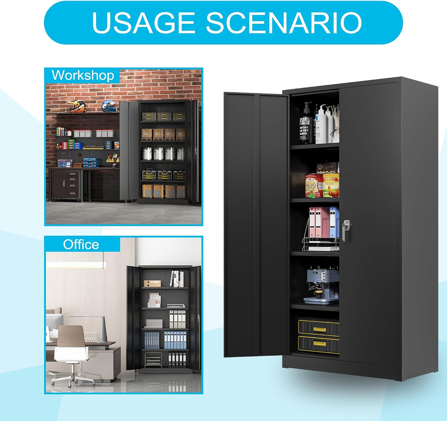 Metal Storage Cabinet 71' Black Garage Tool Cabinet with Doors and Shelves,Heavy Duty Tall Steel File Cabinet with Lock for Home Office Kitchen Gym School