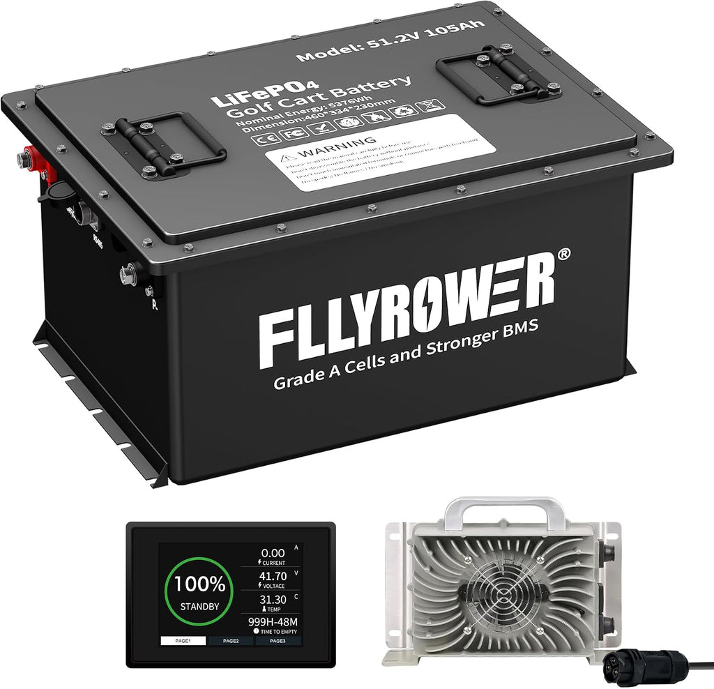 FLLYROWER Golf Cart Lithium Battery 48V 105AH with 16500 Deep Cycles and BMS Lifepo4 Battery 48V Grade A Cells Include 20A Charger and Monitor for Golf Cart