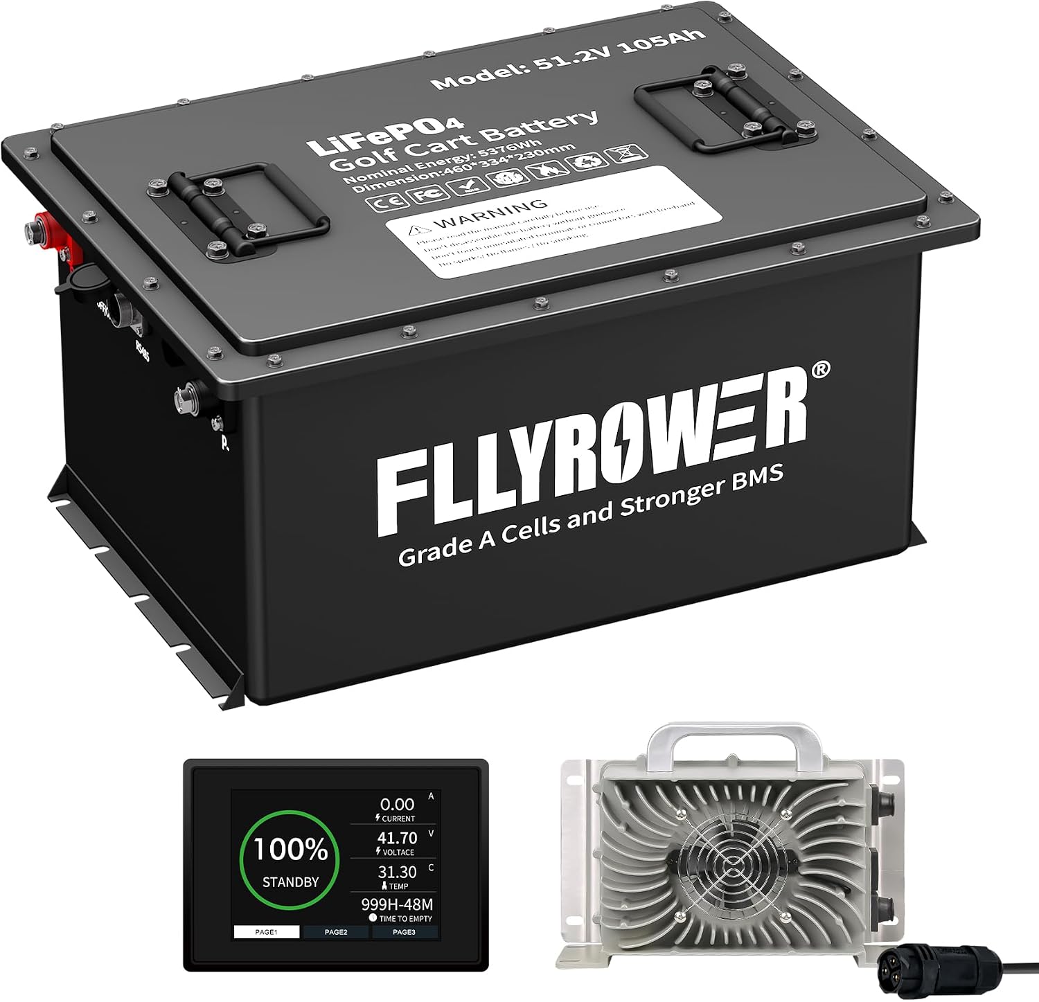 FLLYROWER Golf Cart Lithium Battery 48V 105AH with 16500 Deep Cycles and BMS Lifepo4 Battery 48V Grade A Cells Include 20A Charger and Monitor for Golf Cart