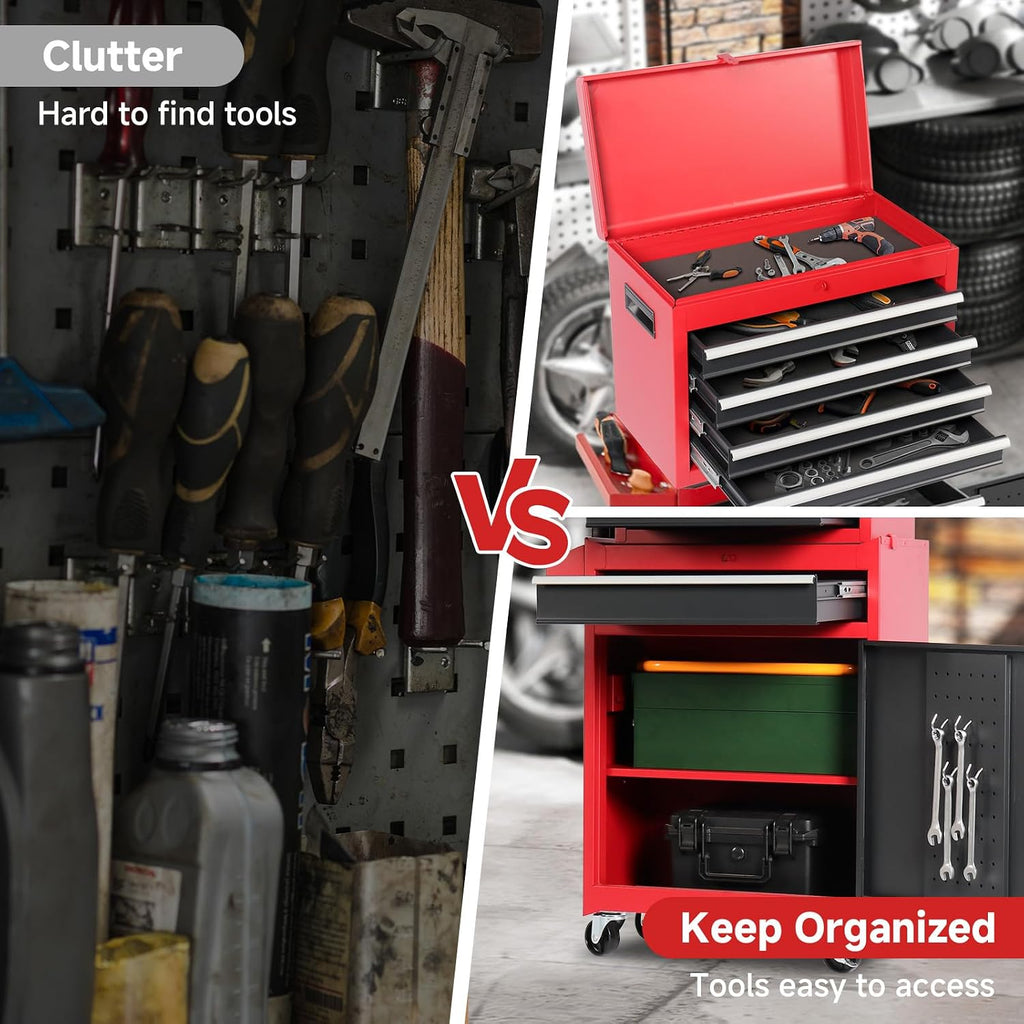 Rovibek Tool Chest, 5-Drawer Metal Tool Box with Wheels, Rolling Tool Chest with Foam Packaging, Lockable Wheels, Detachable Top Tool Box, Tool Storage Cabinet for Garage Workshop Warehouse, Pure Red