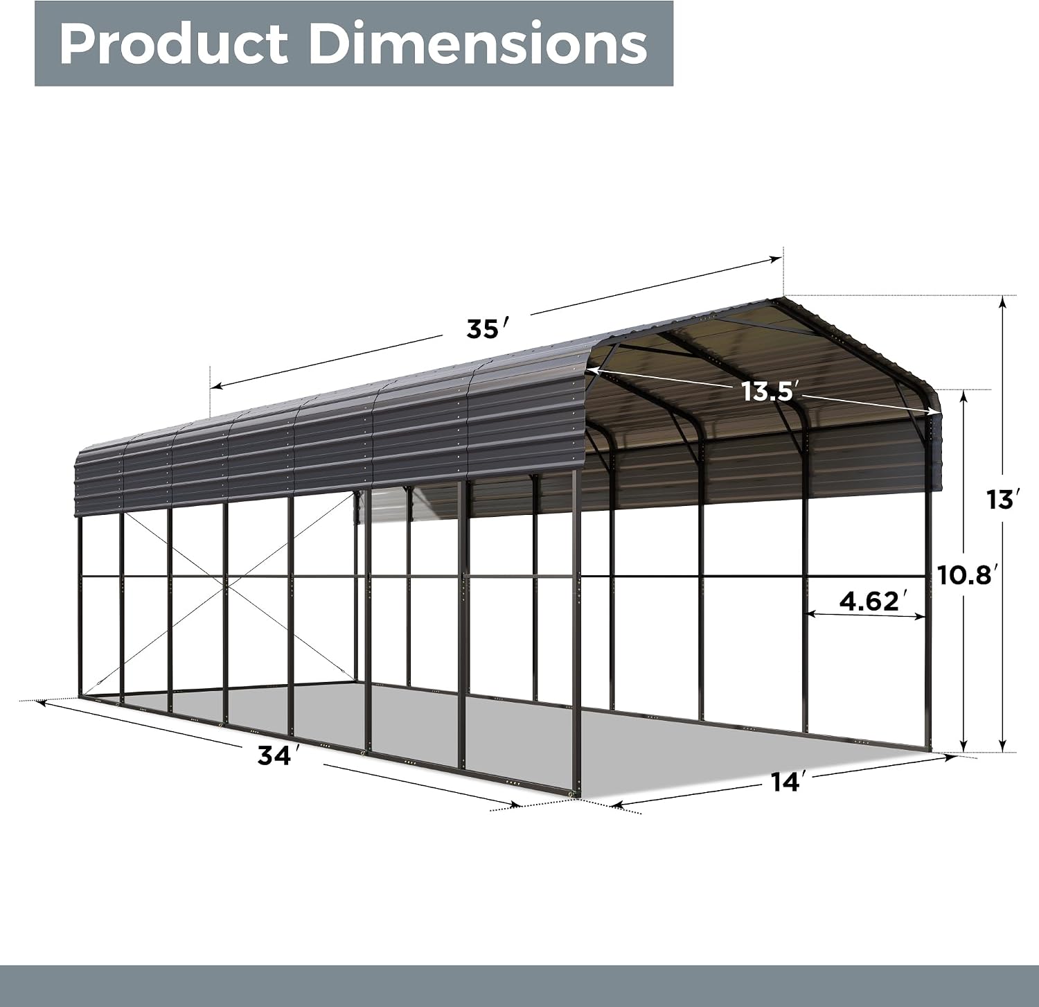 GREEN PARTY 14 x 35 x 13 ft Metal RV Carport Kits with Galvanized Steel Roof, Heavy Duty 2 Car Outdoor Car-Shed Canopy, Car Tent Metal Garage Shelter for RV, SUV, Truck, Tractors and Boats, Gray